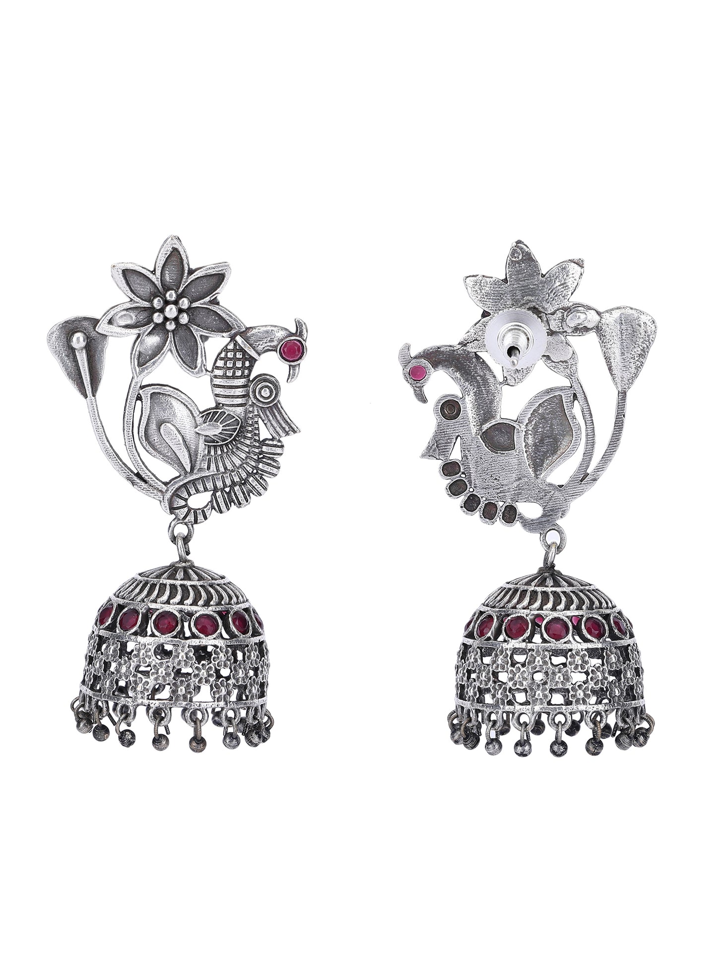 Oxidised Floral Peacock Jhumka Earrings for Women