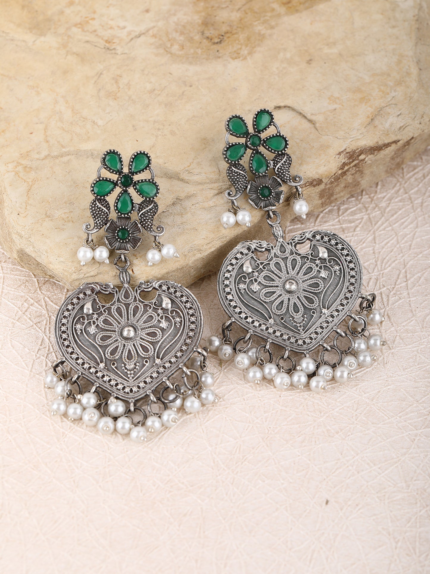 Oxidised Heart-Shaped Earrings with Green Stone & Pearls