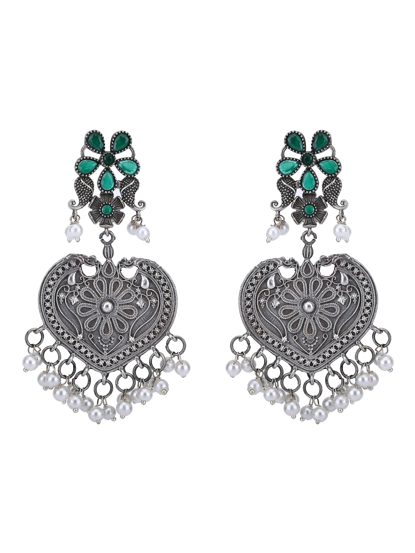 Oxidised Heart-Shaped Earrings with Green Stone & Pearls