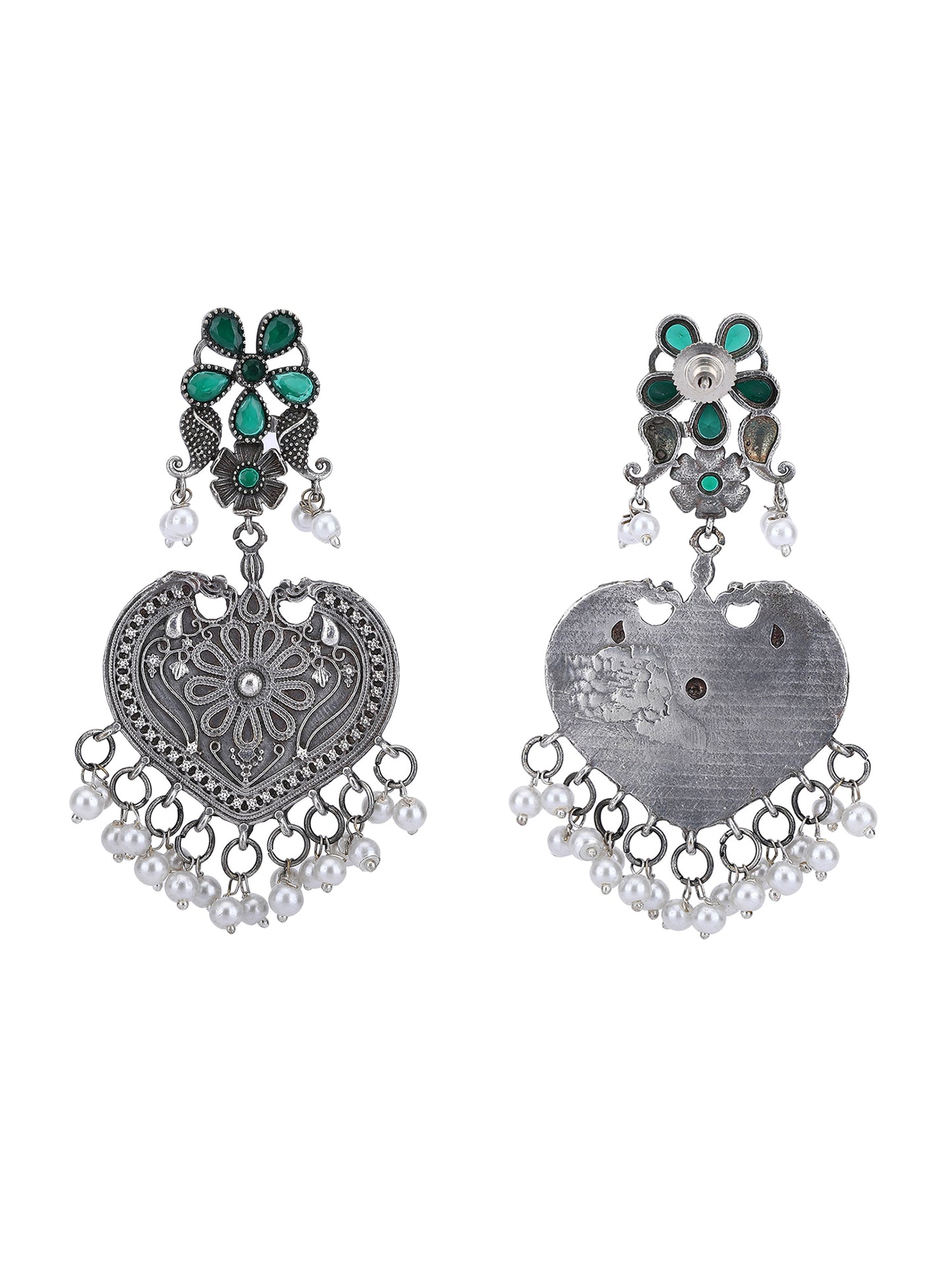 Oxidised Heart-Shaped Earrings with Green Stone & Pearls