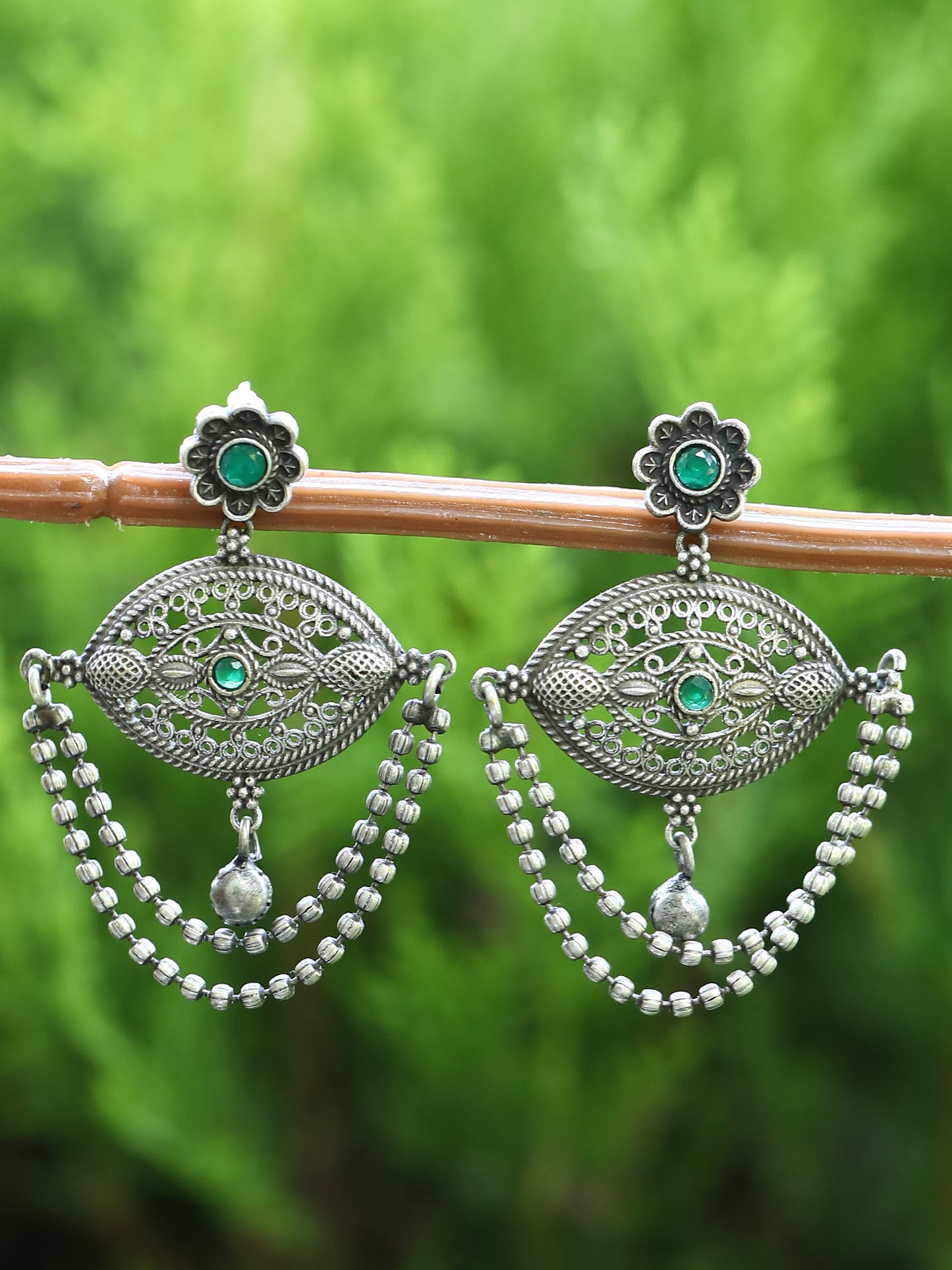 Oxidised Chain Drop Earrings with Green Accents