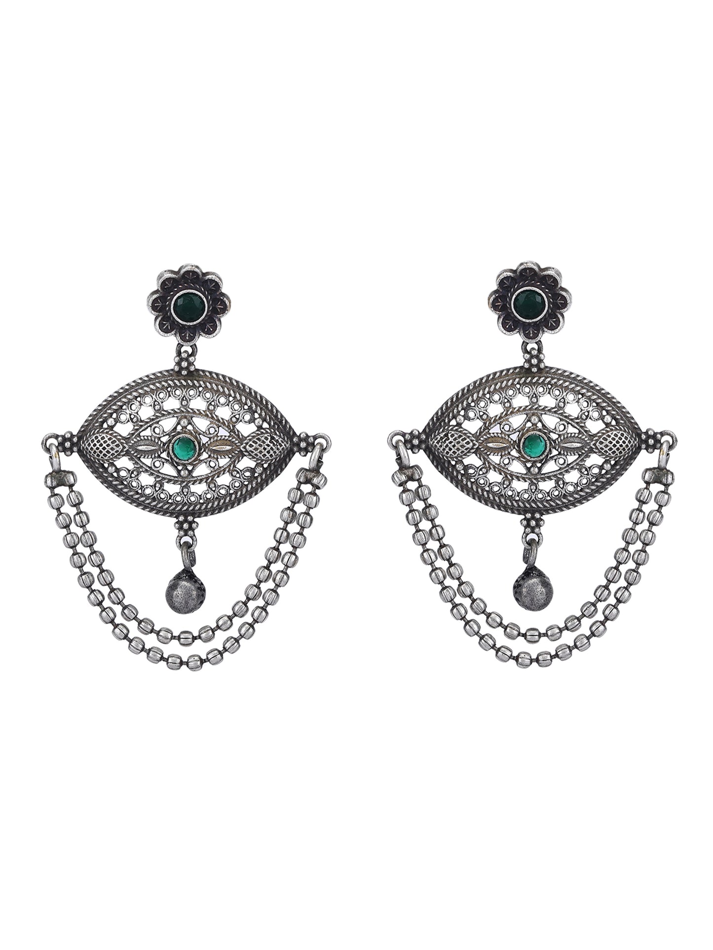Oxidised Chain Drop Earrings with Green Accents