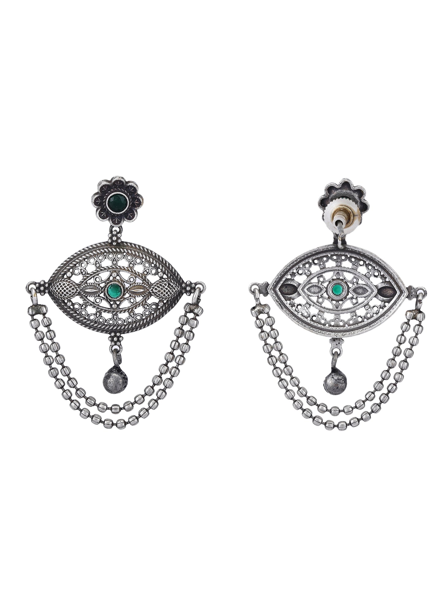 Oxidised Chain Drop Earrings with Green Accents