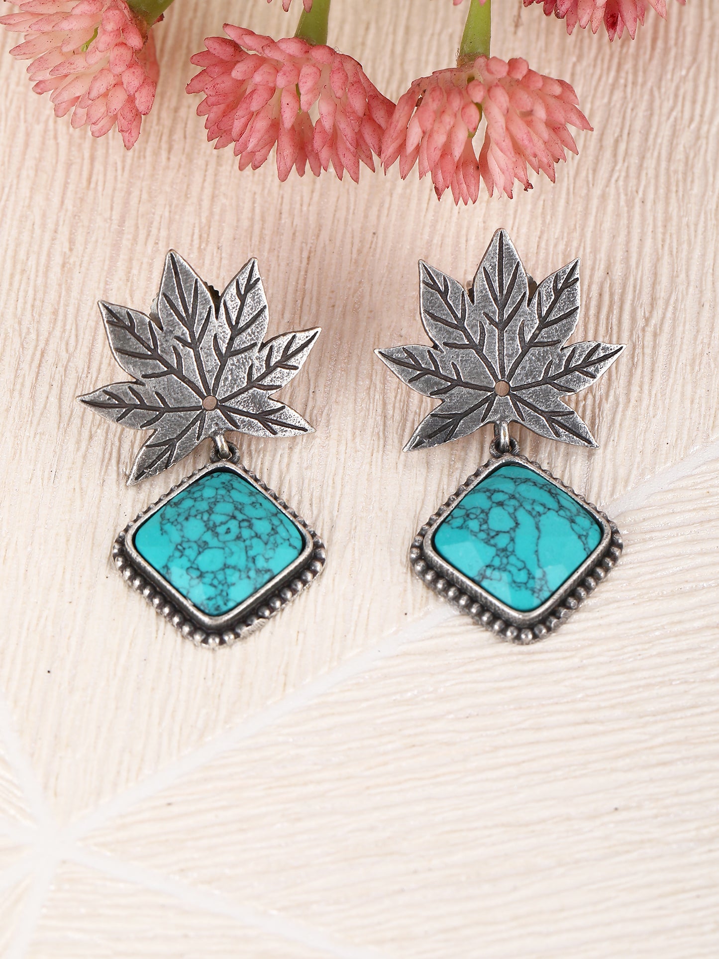 Oxidized Maple Leaf Earrings Design with Turquoise Stone