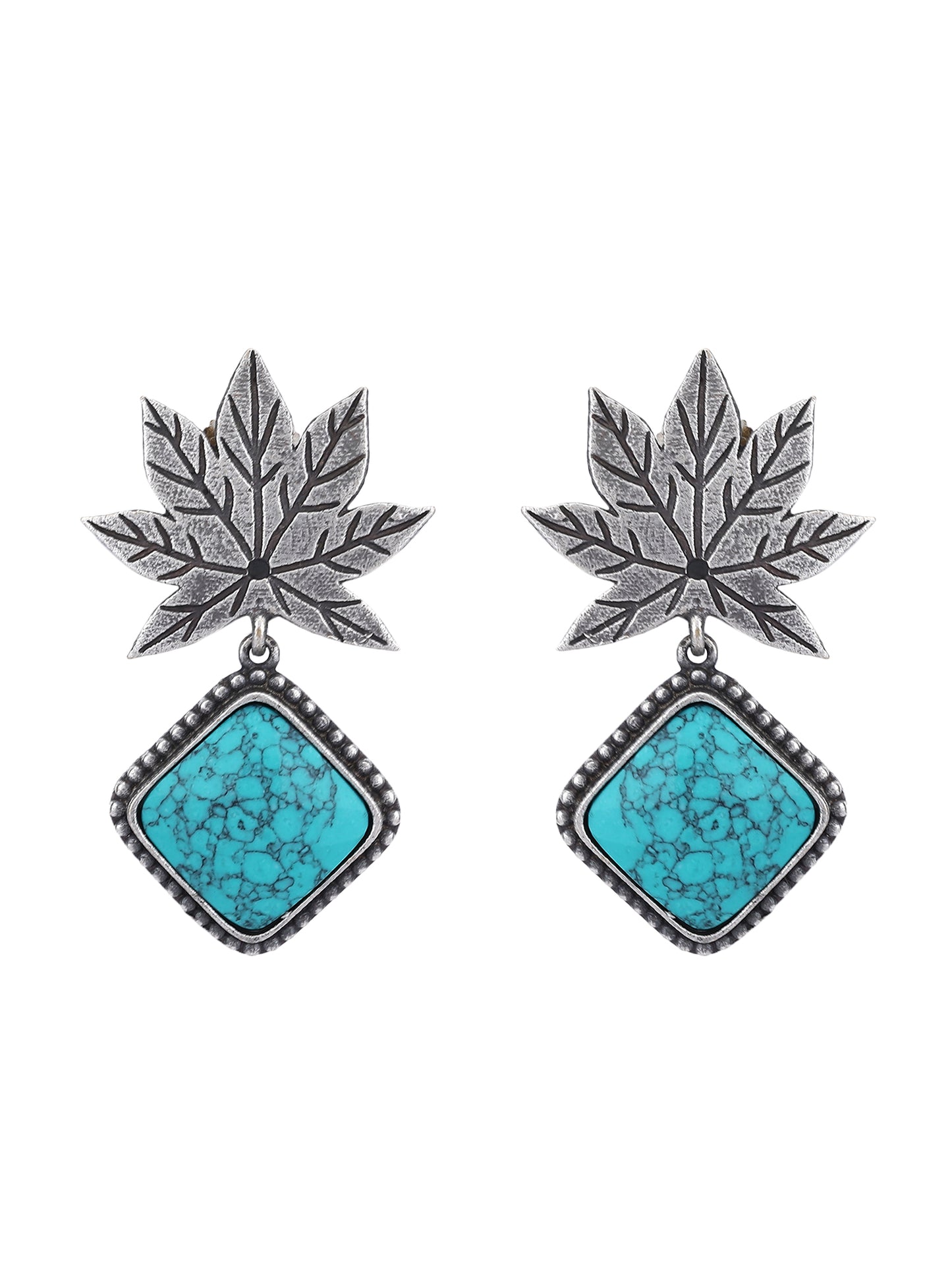 Oxidized Maple Leaf Earrings Design with Turquoise Stone