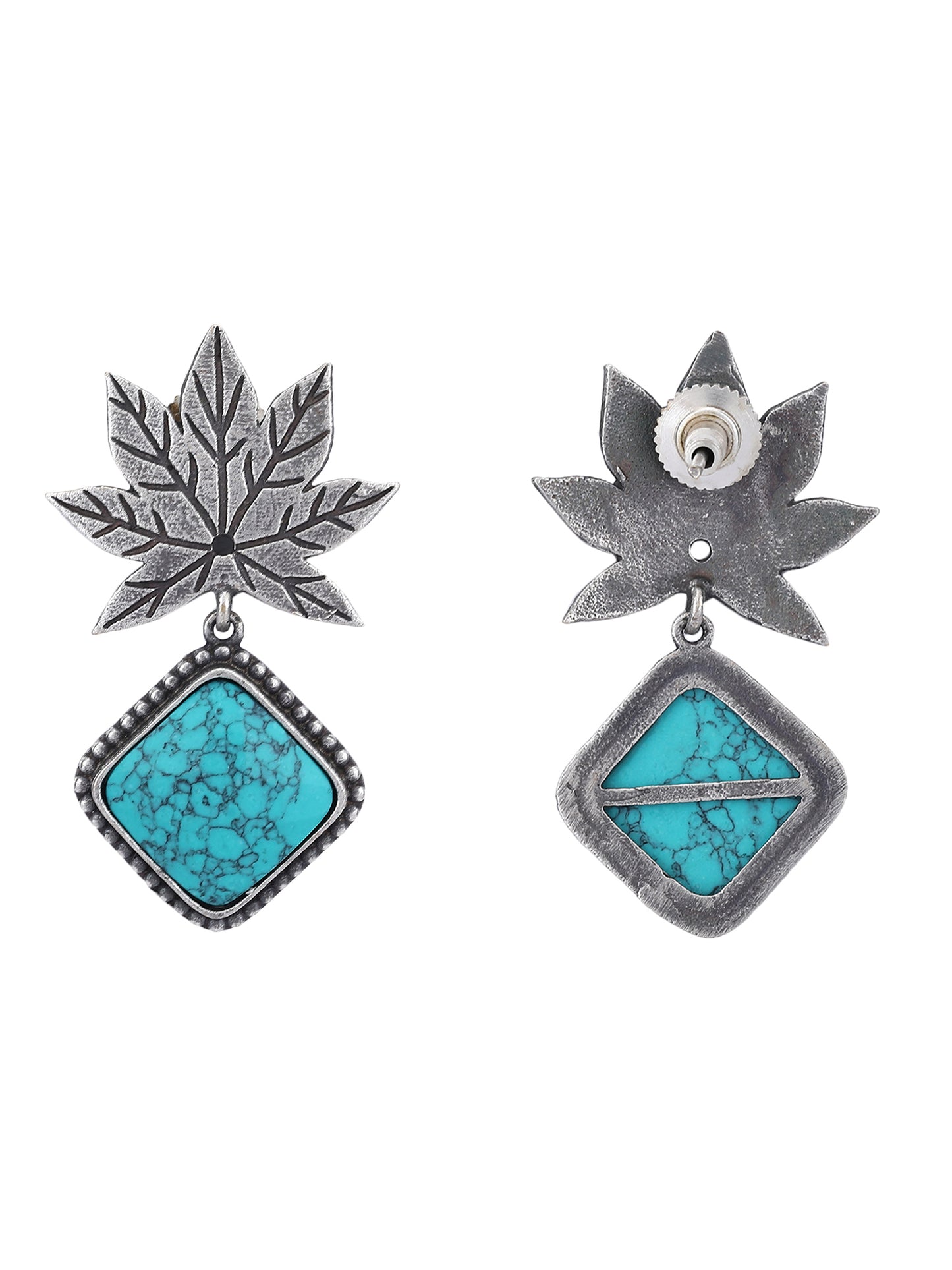 Oxidized Maple Leaf Earrings Design with Turquoise Stone