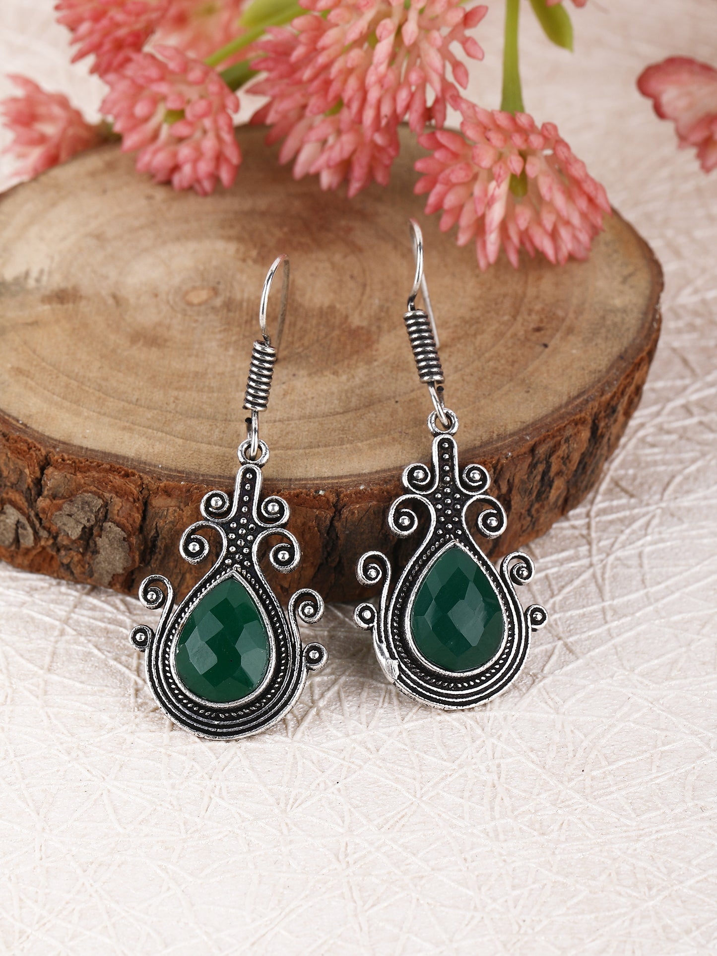 Elegant Oxidized Silver Drop Earrings with Green Teardrop Stone