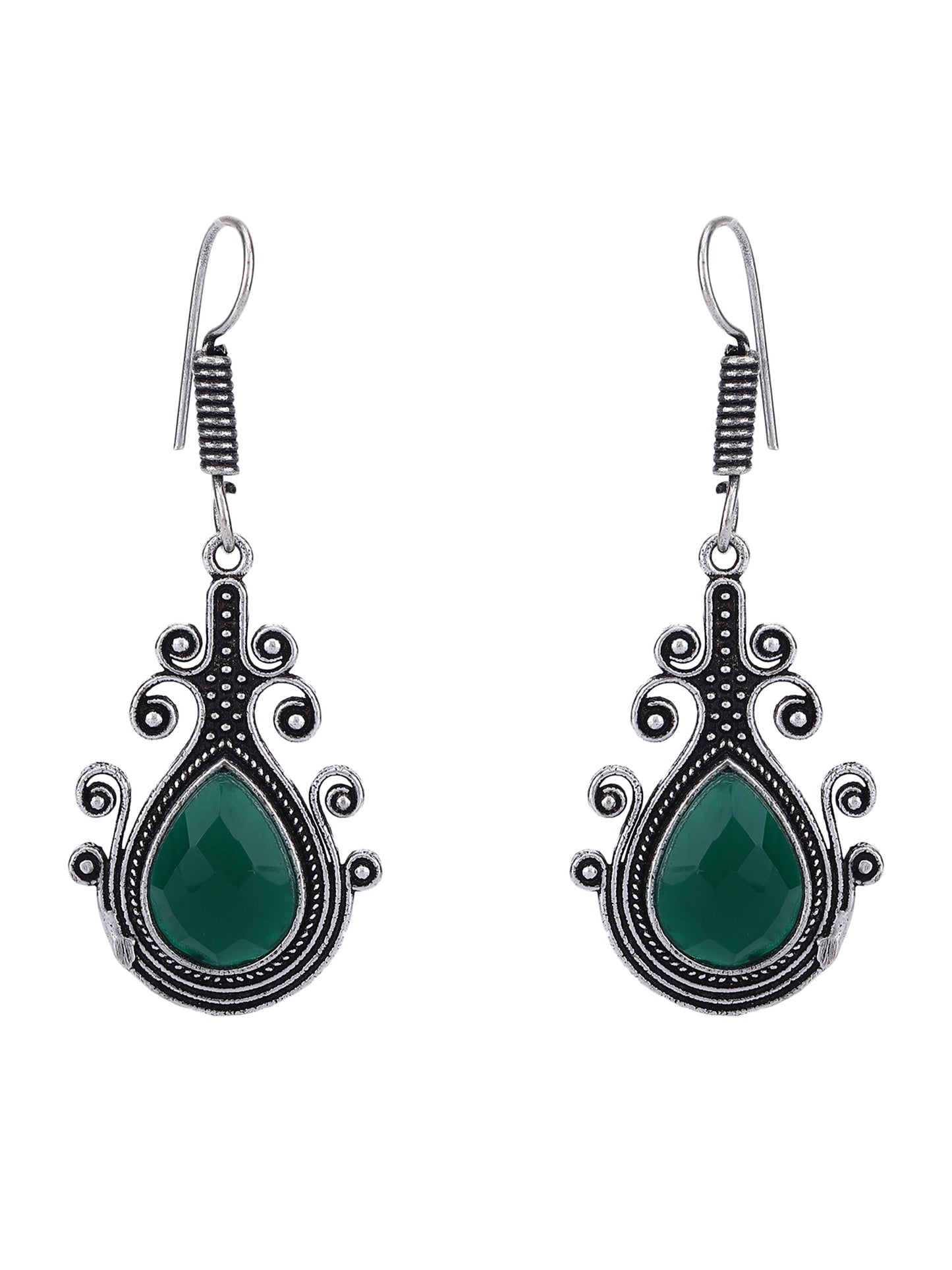 Elegant Oxidized Silver Drop Earrings with Green Teardrop Stone
