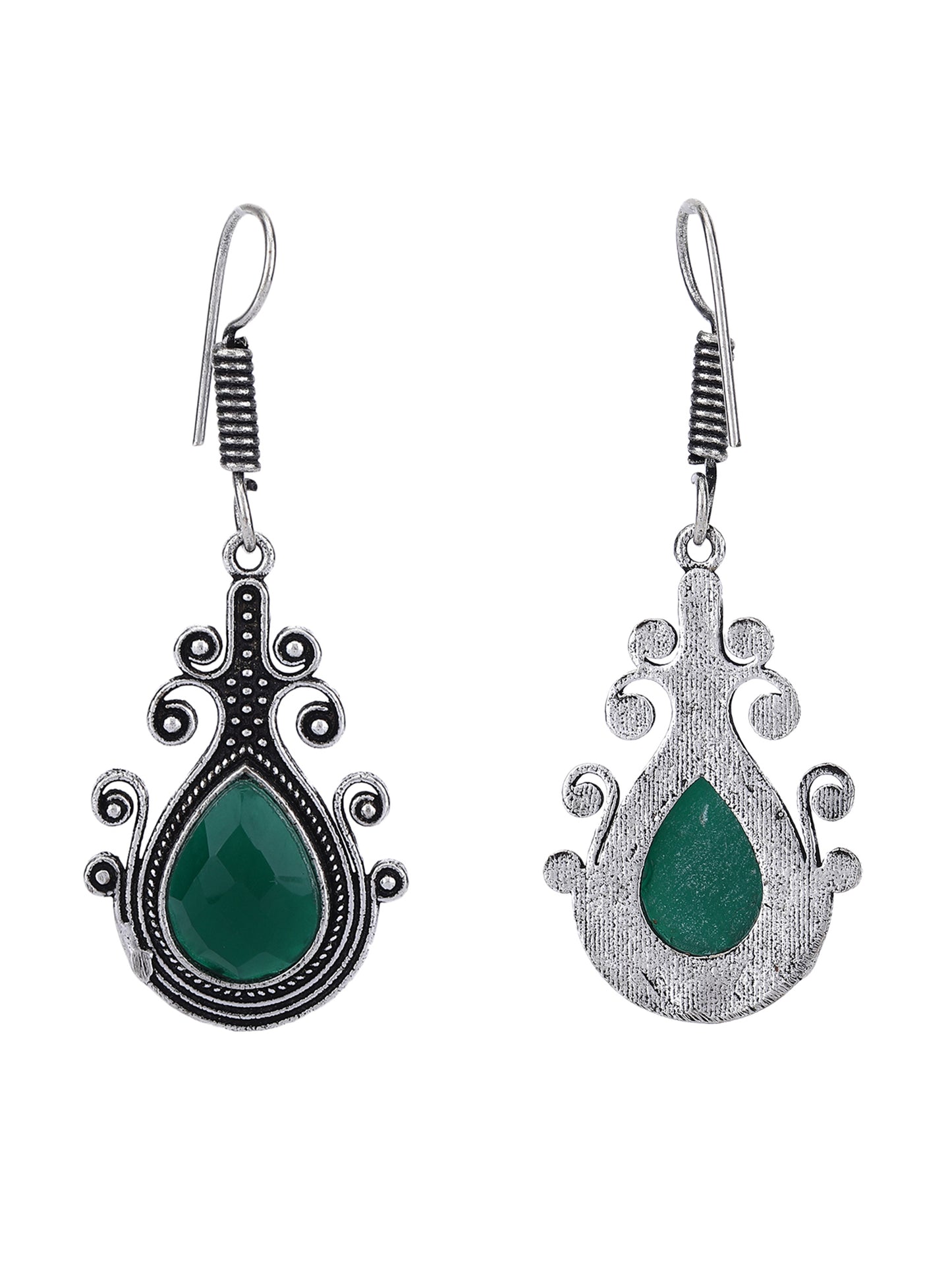 Elegant Oxidized Silver Drop Earrings with Green Teardrop Stone