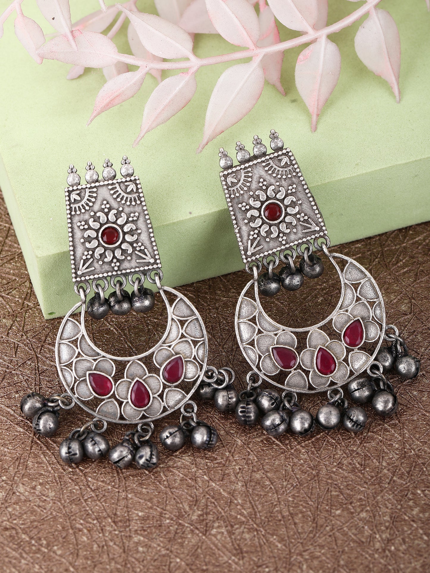 Traditional Oxidised Silver and Red Stone Chandbali Earrings