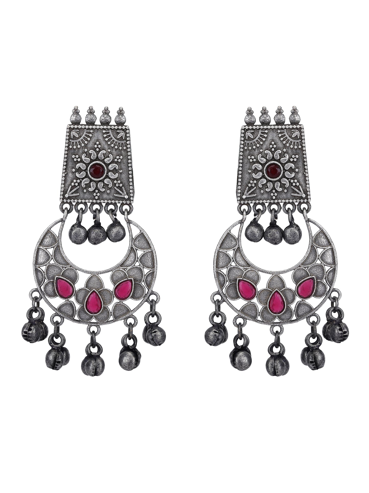 Traditional Oxidised Silver and Red Stone Chandbali Earrings