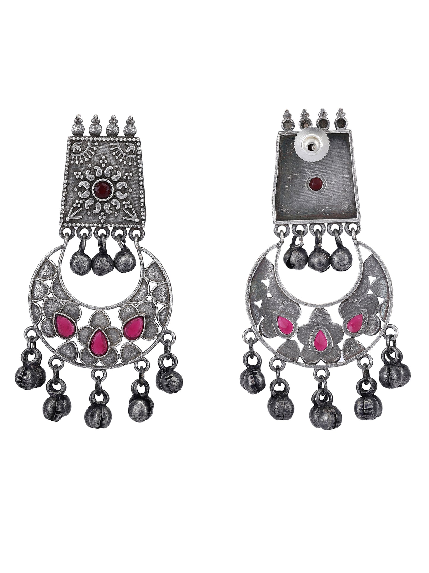 Traditional Oxidised Silver and Red Stone Chandbali Earrings
