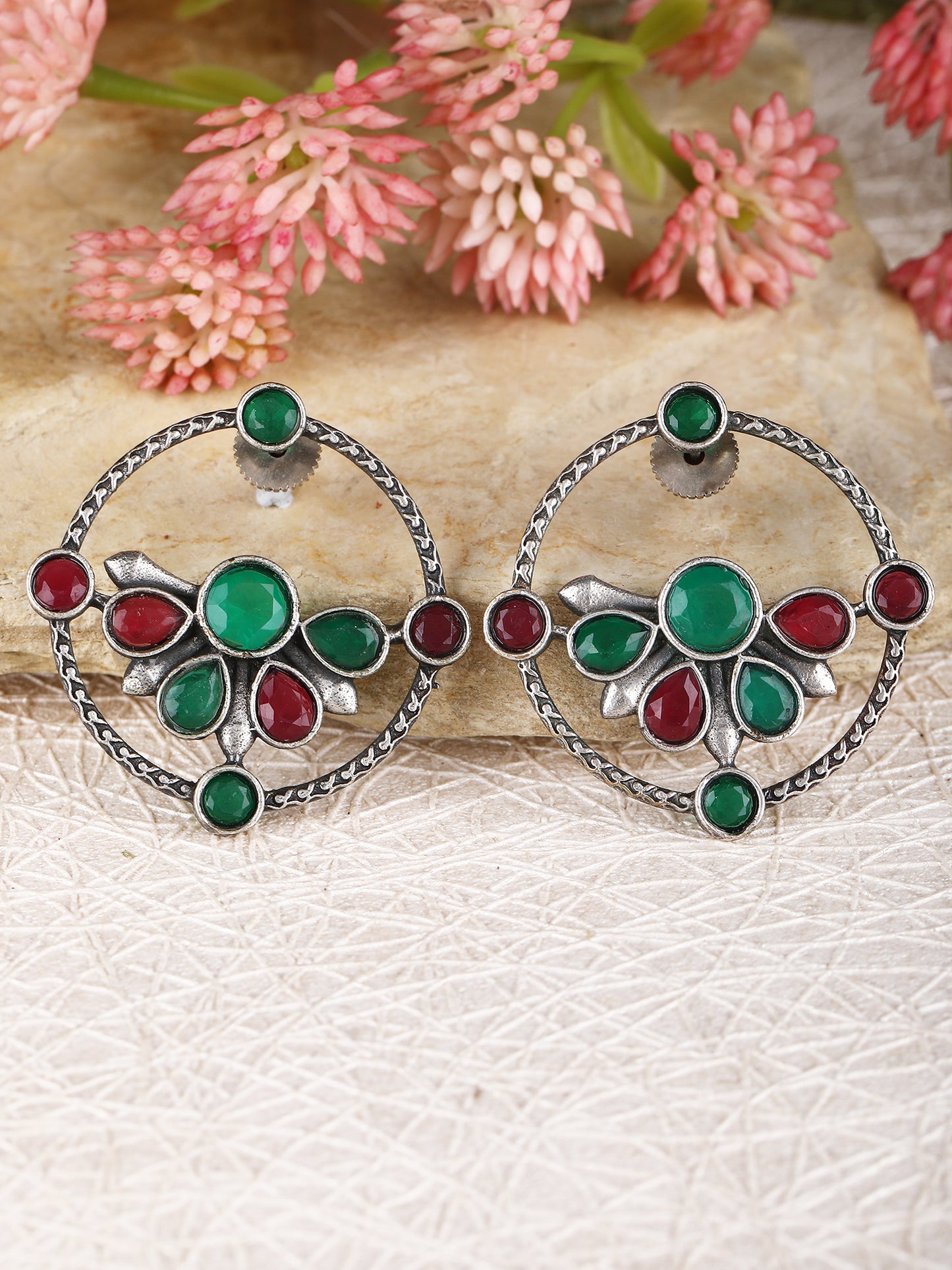 Oxidised Round Earrings with Green and Red Stones