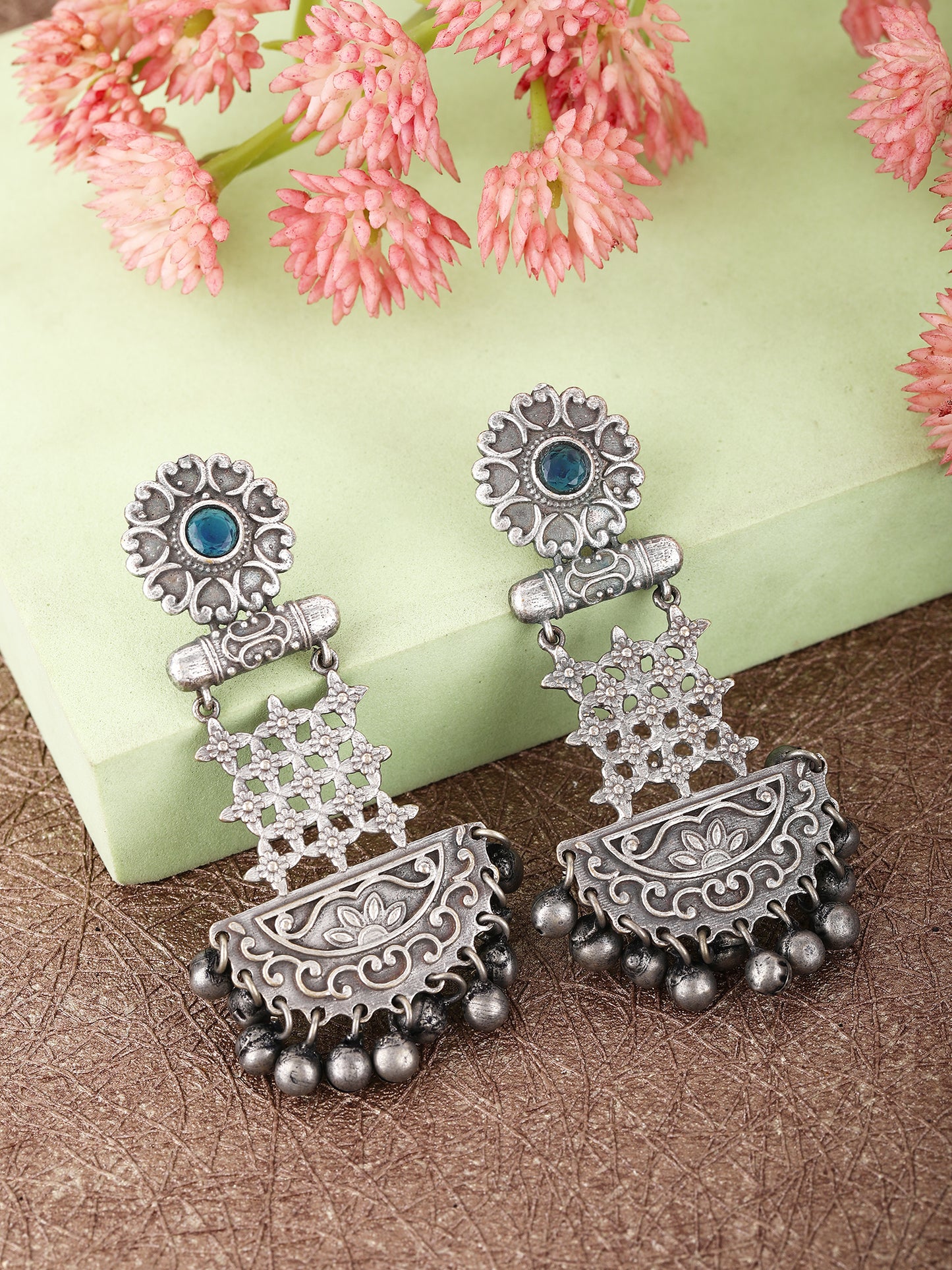 Oxidized Silver Jhumka Earrings with Blue Stone