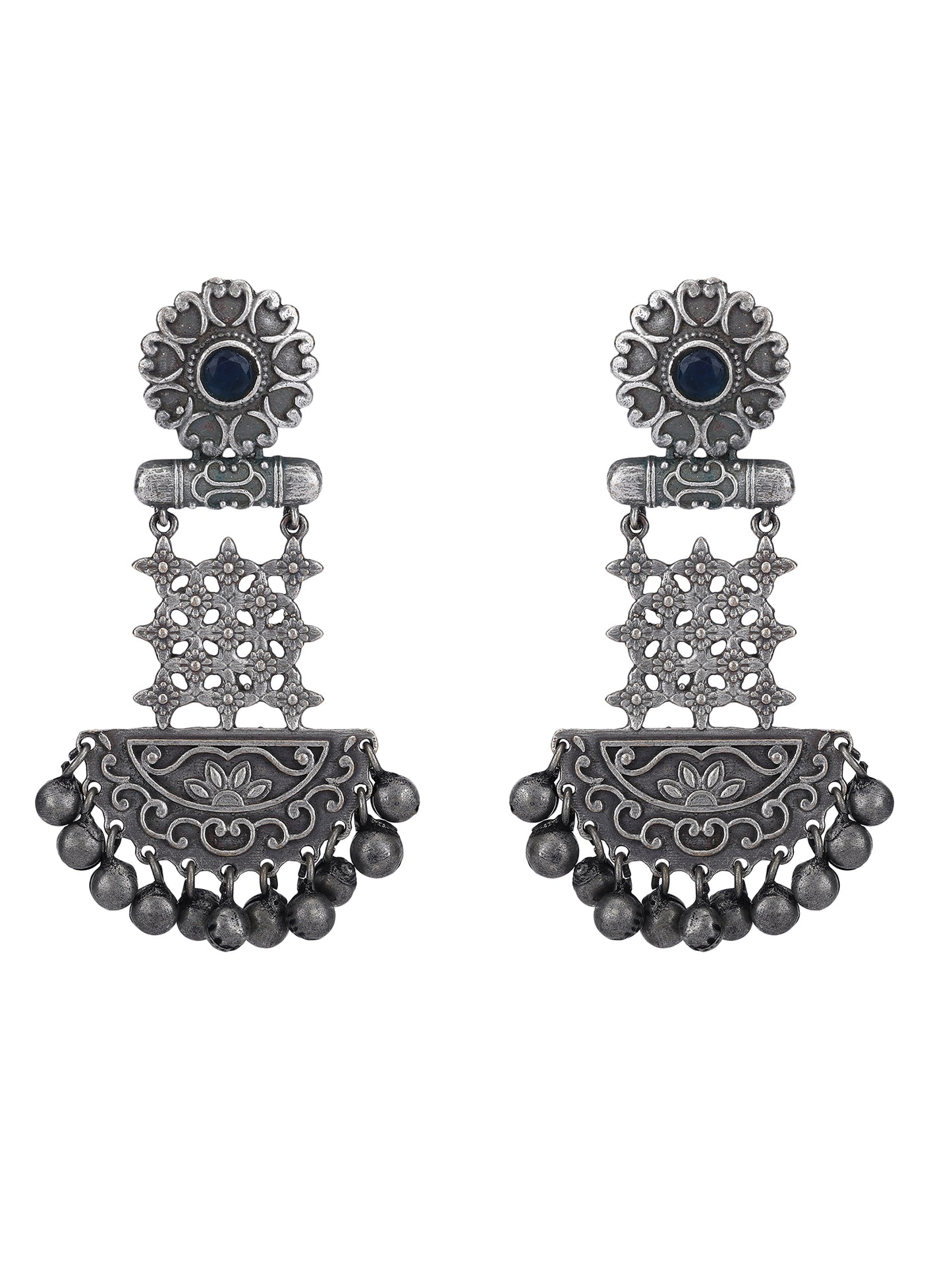 Oxidized Silver Jhumka Earrings with Blue Stone