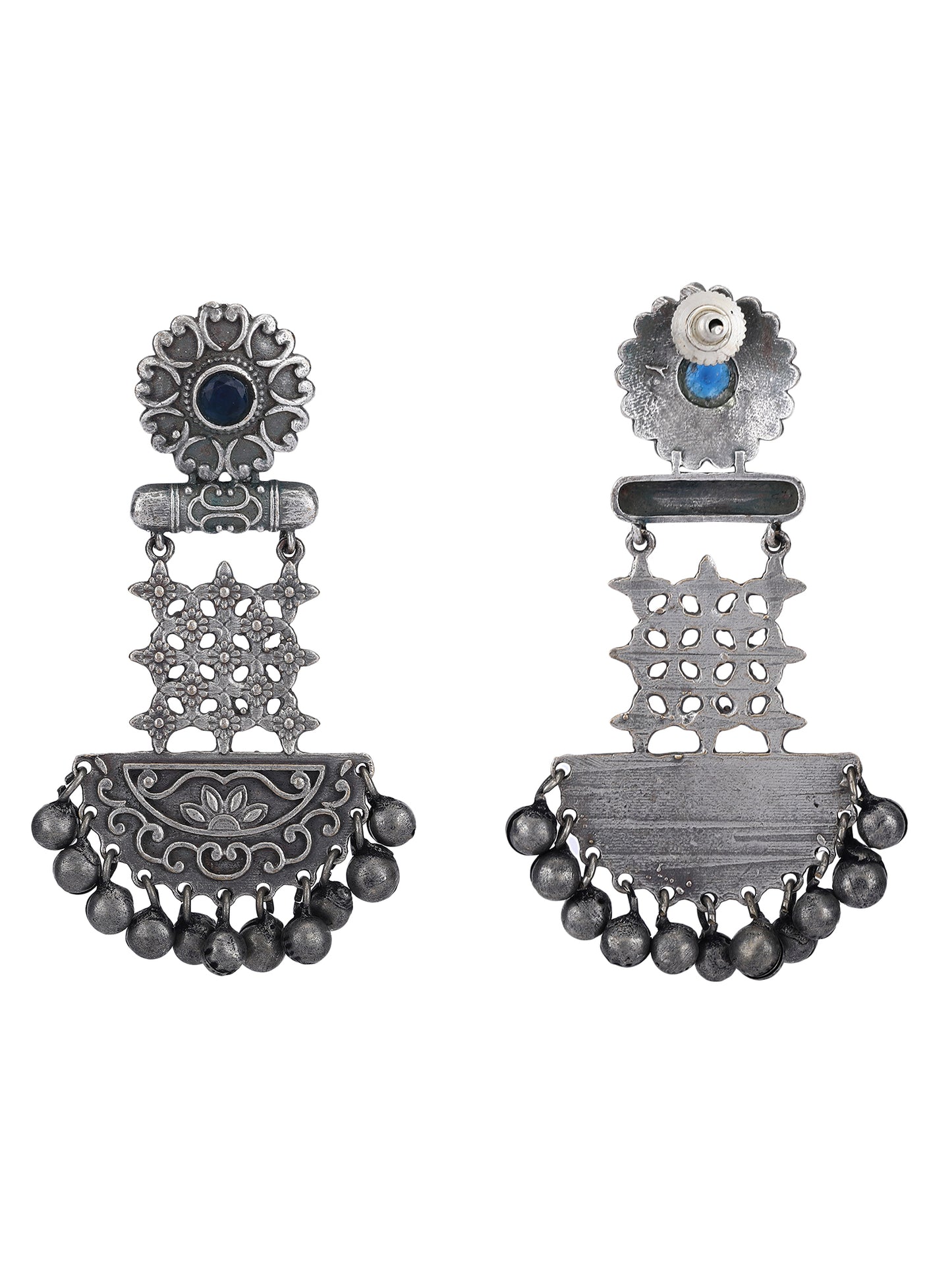 Oxidized Silver Jhumka Earrings with Blue Stone