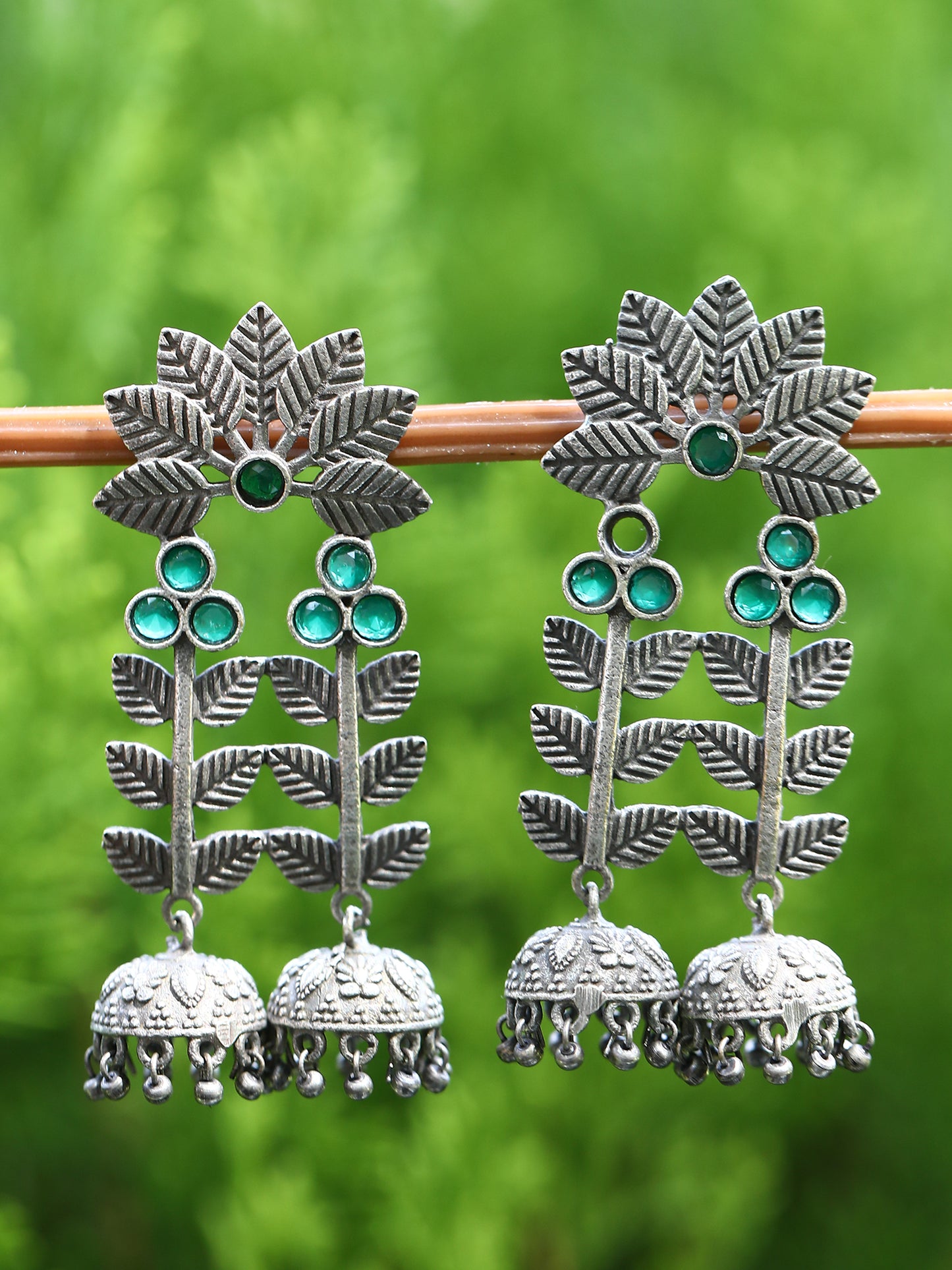 Antique Green Stone Leaf Jhumka Earrings