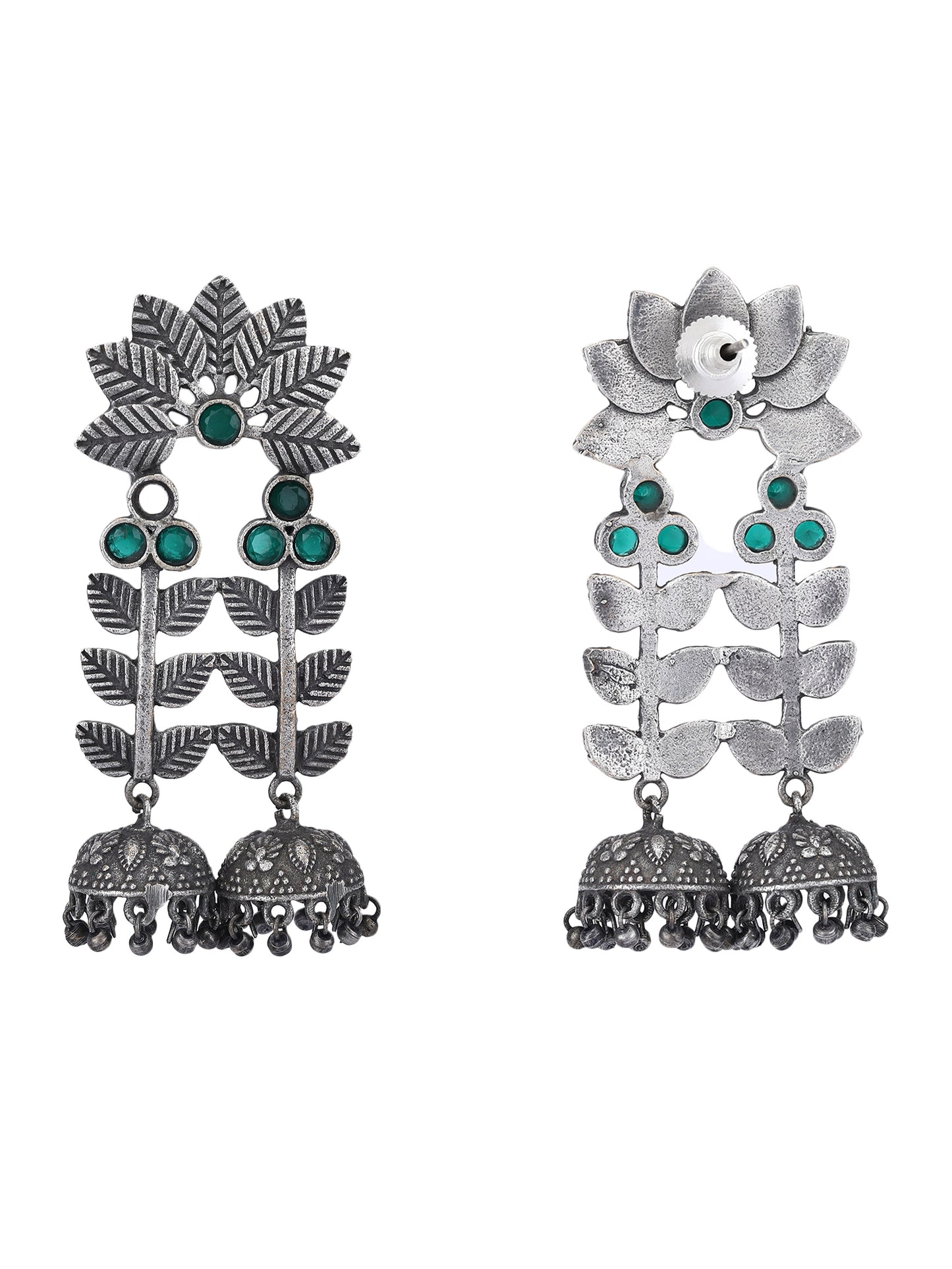 Antique Green Stone Leaf Jhumka Earrings