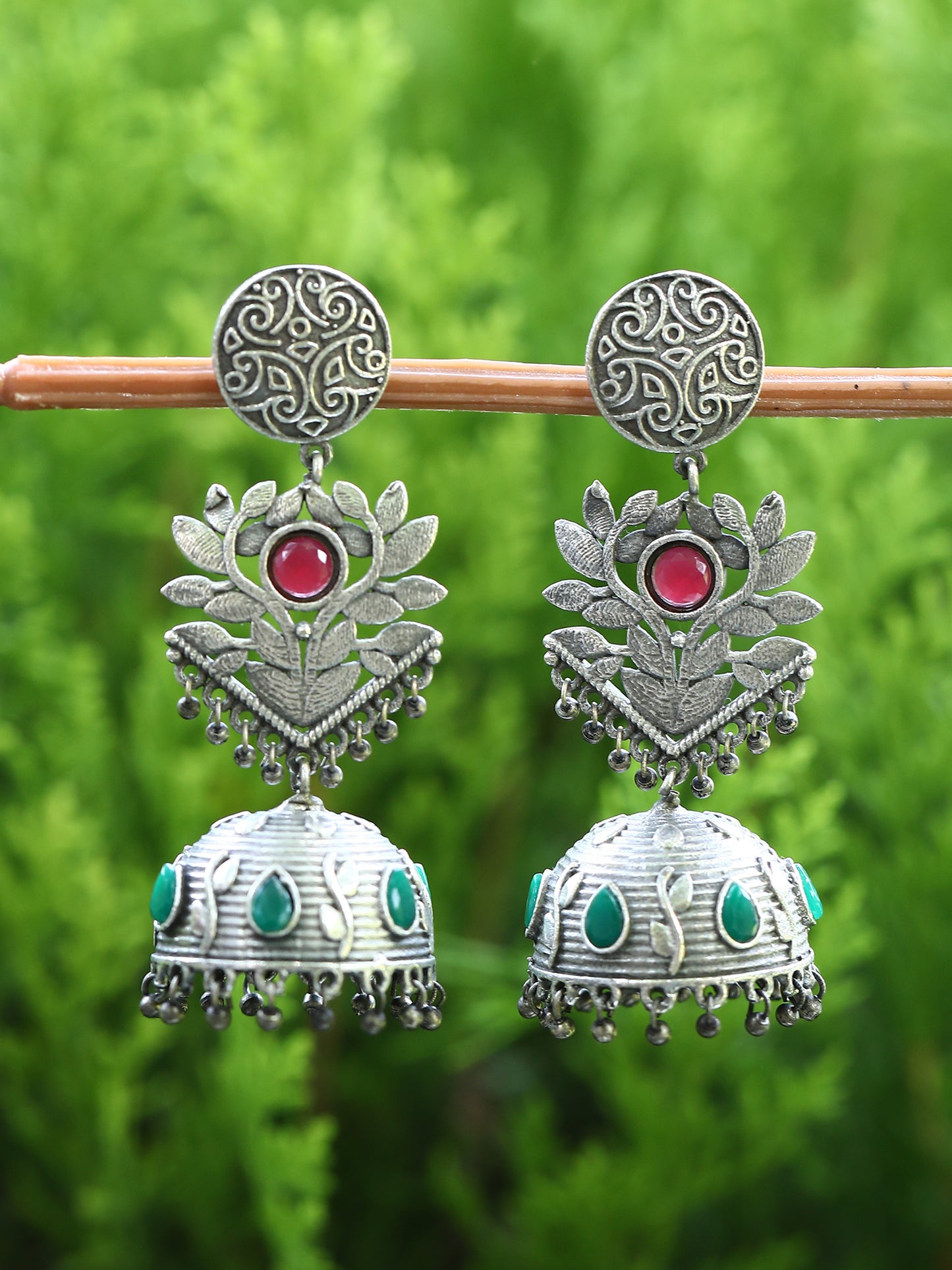 Antique Silver Jhumka Earrings with Red and Green Stones
