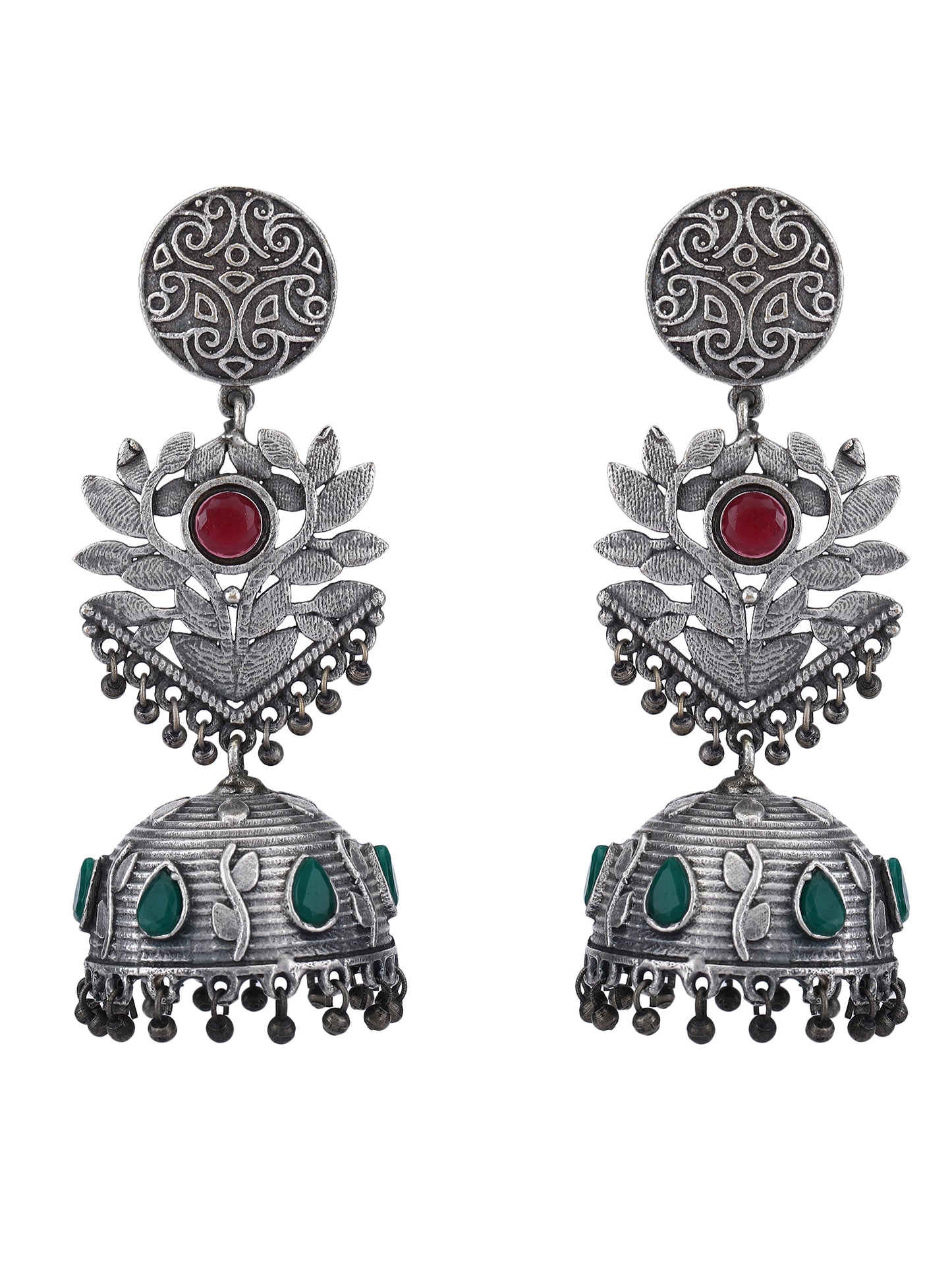 Antique Silver Jhumka Earrings with Red and Green Stones