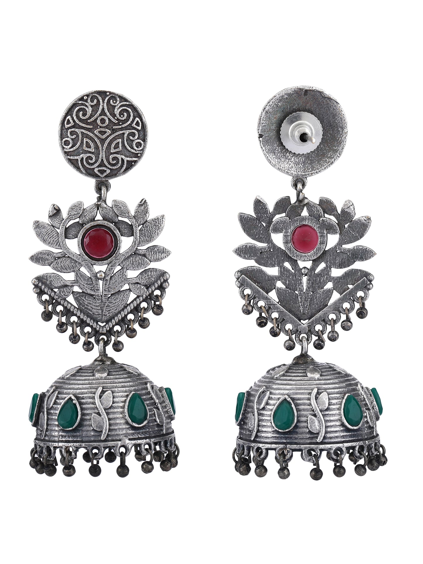 Antique Silver Jhumka Earrings with Red and Green Stones