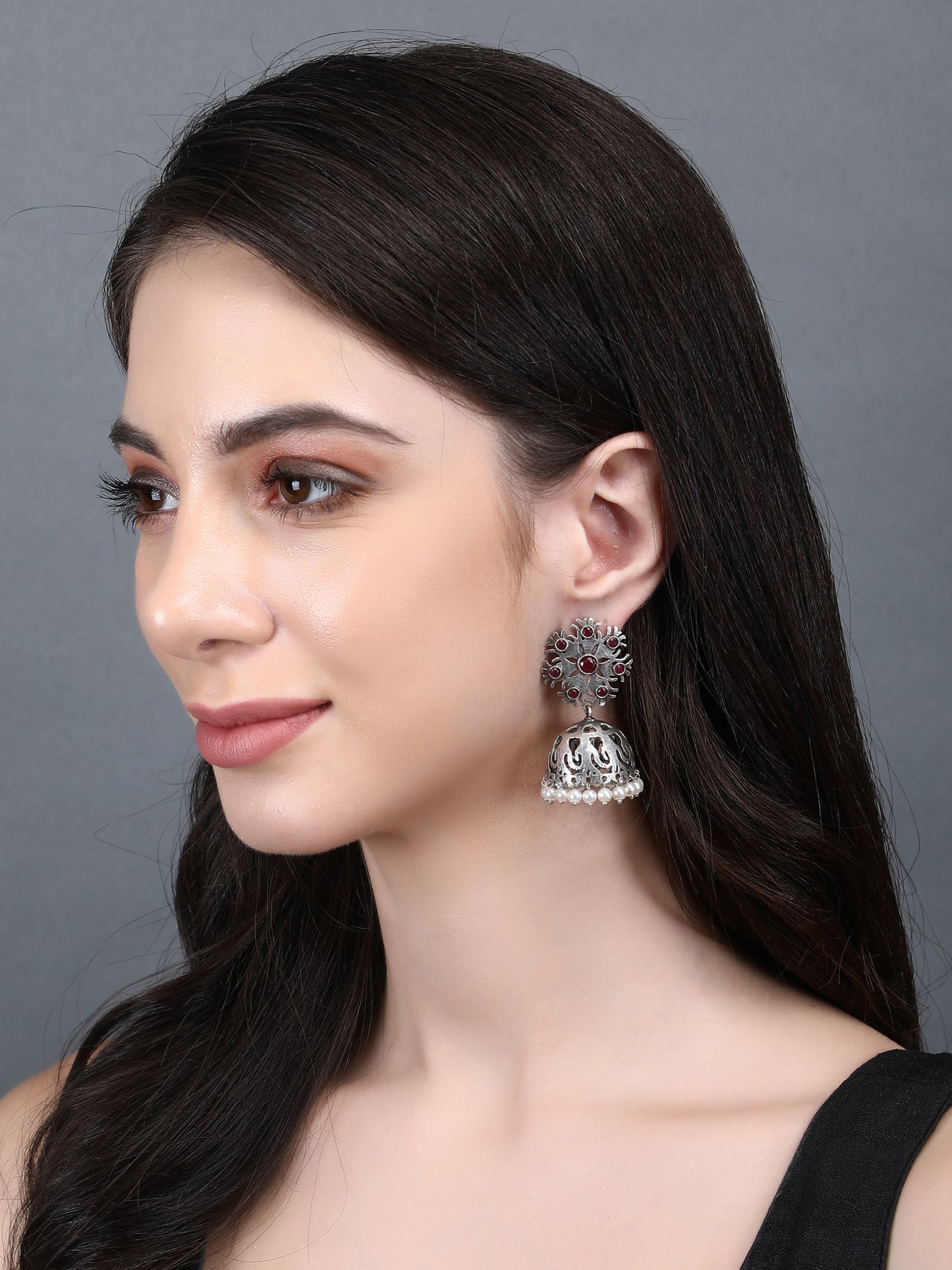 Antique Silver Jhumka Earrings with Red Stones & Pearl Detailing