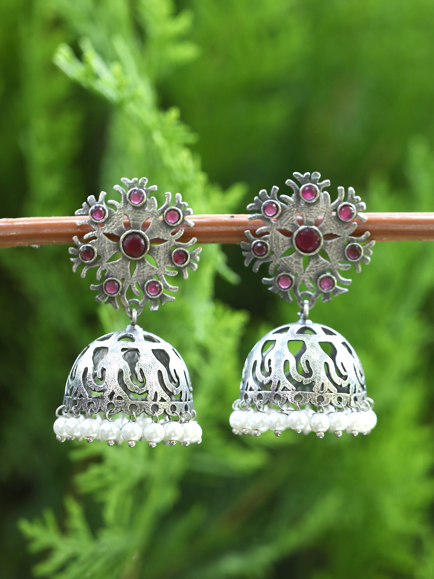 Antique Silver Jhumka Earrings with Red Stones & Pearl Detailing