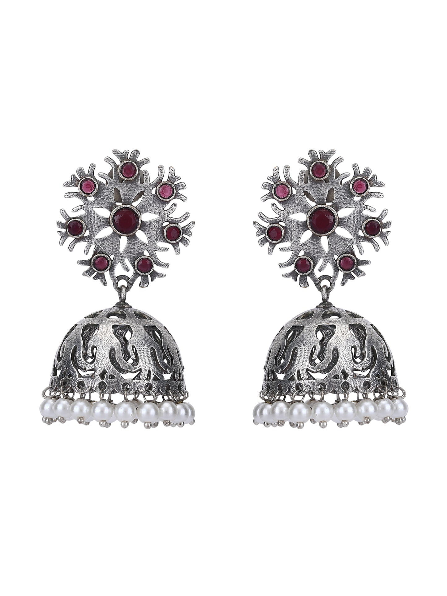 Antique Silver Jhumka Earrings with Red Stones & Pearl Detailing