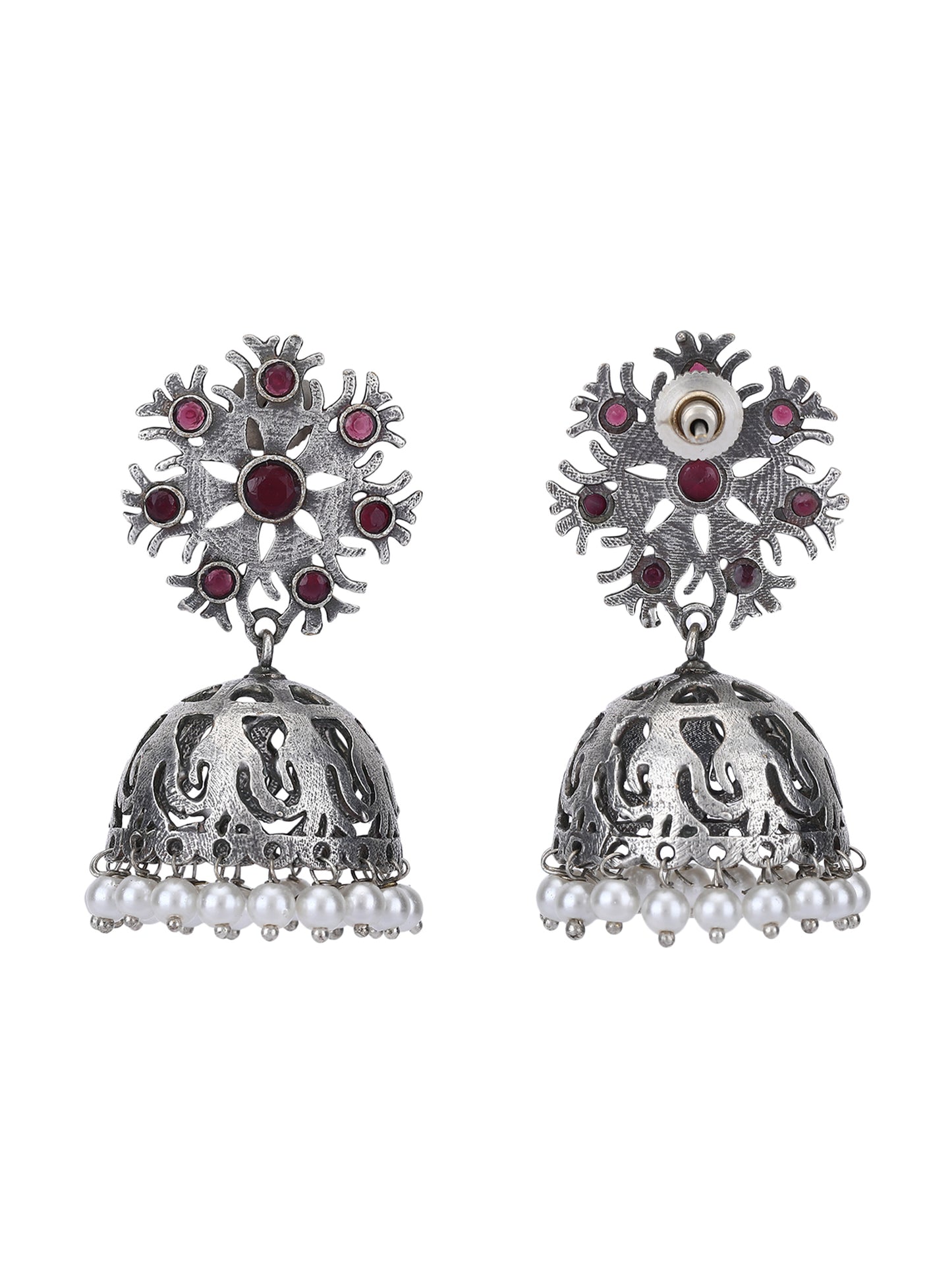 Antique Silver Jhumka Earrings with Red Stones & Pearl Detailing