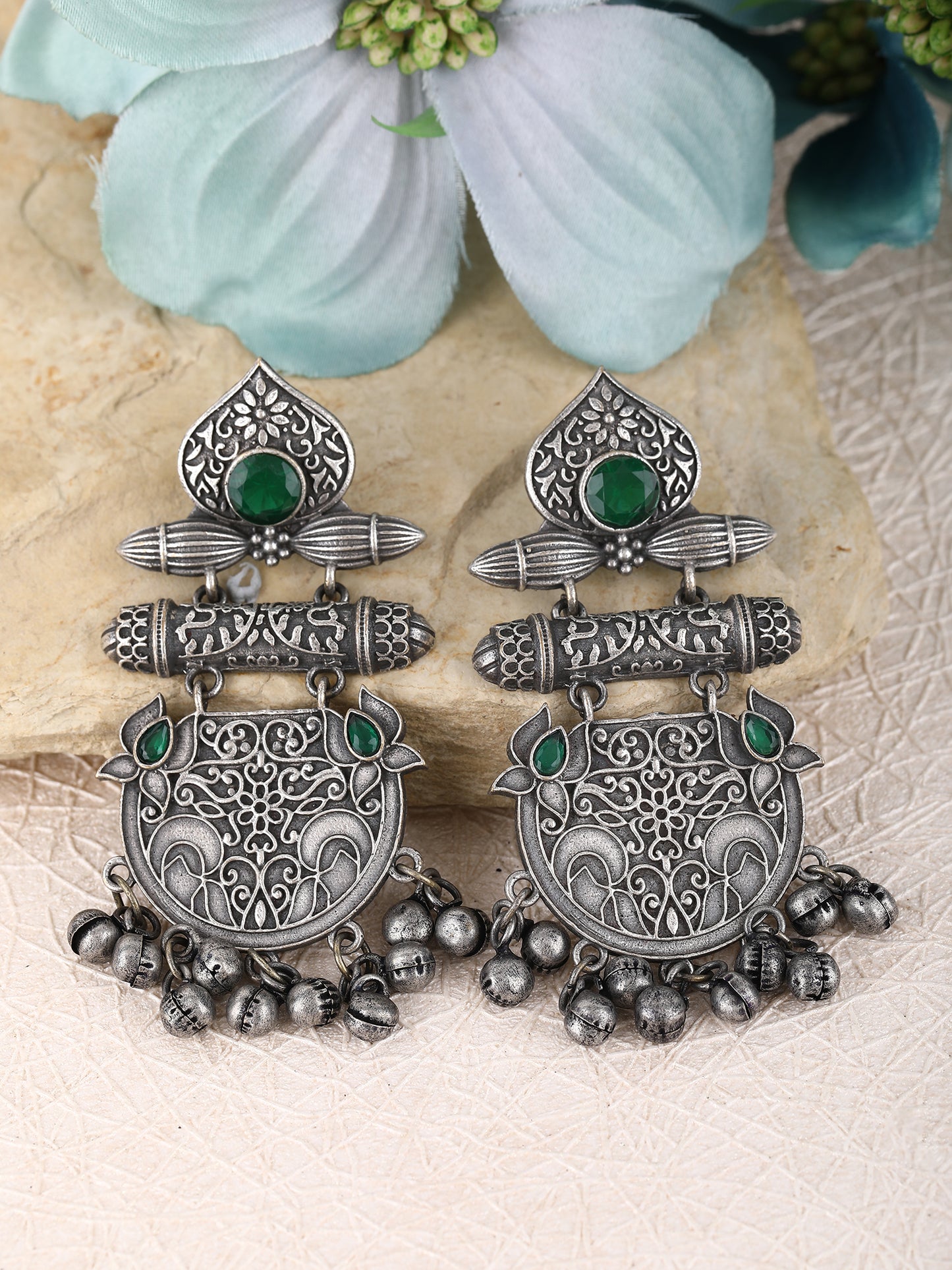 Antique Silver Dangler Earrings with Green Stones & Bell Charms
