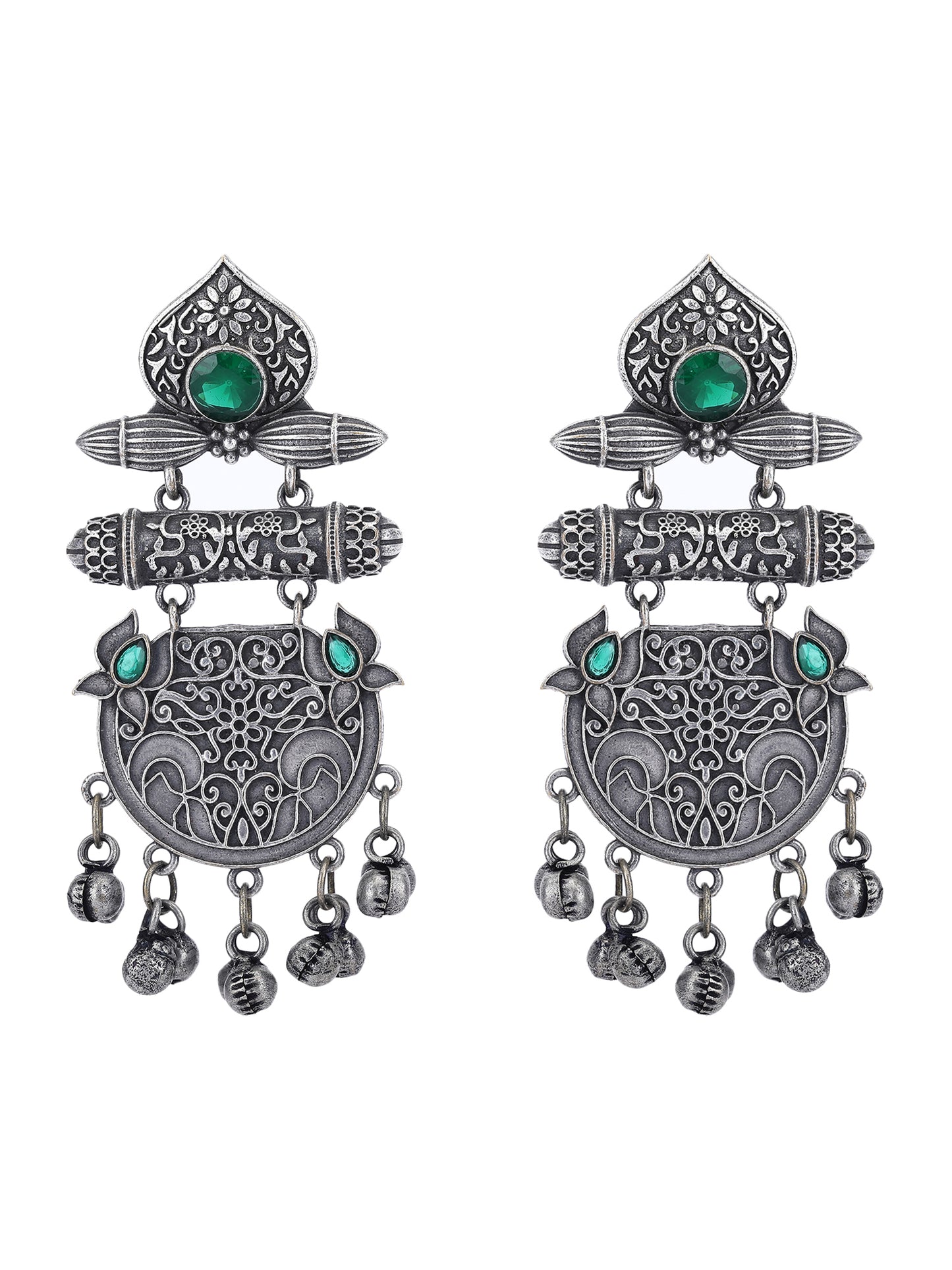 Antique Silver Dangler Earrings with Green Stones & Bell Charms