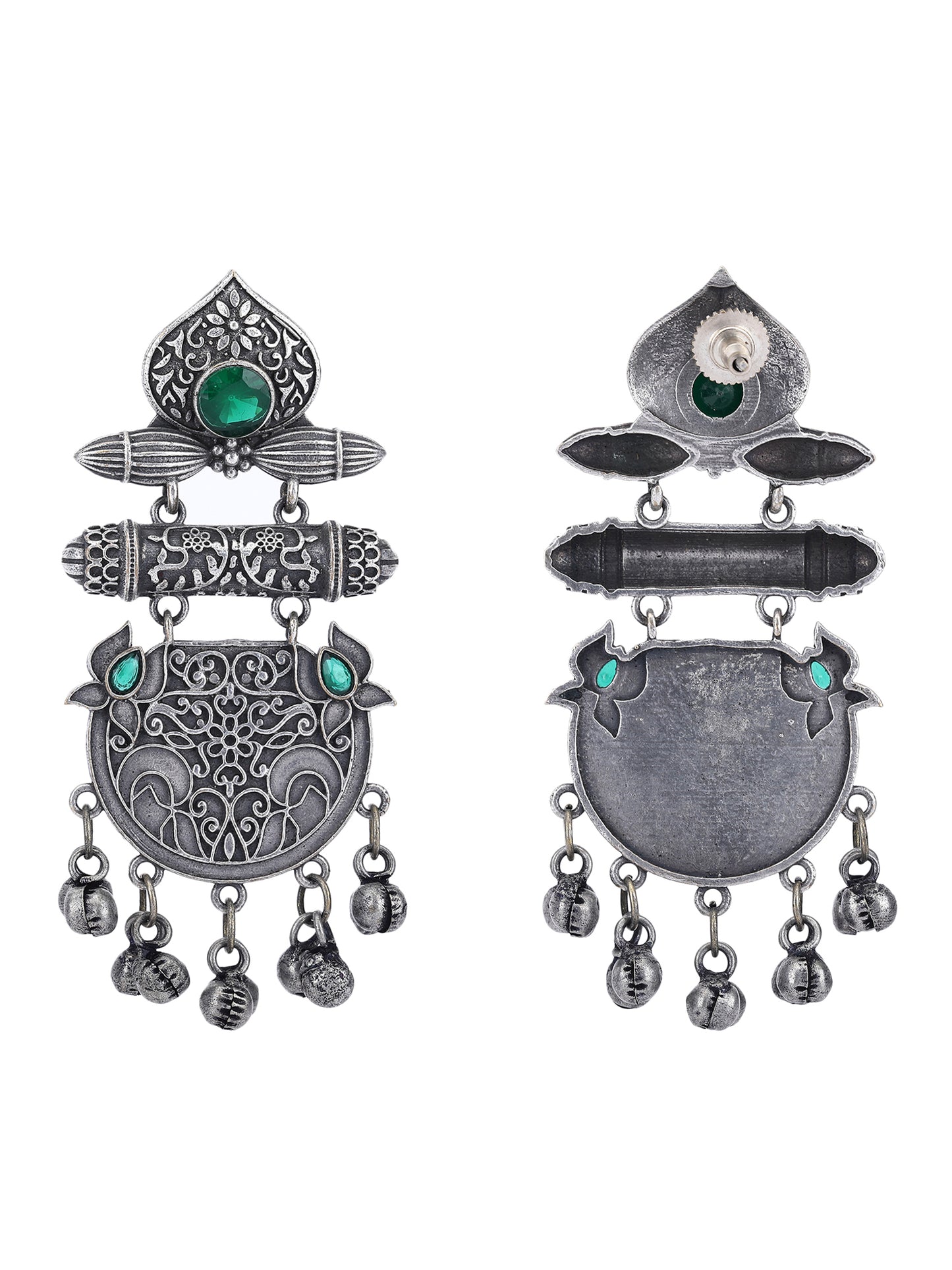 Antique Silver Dangler Earrings with Green Stones & Bell Charms