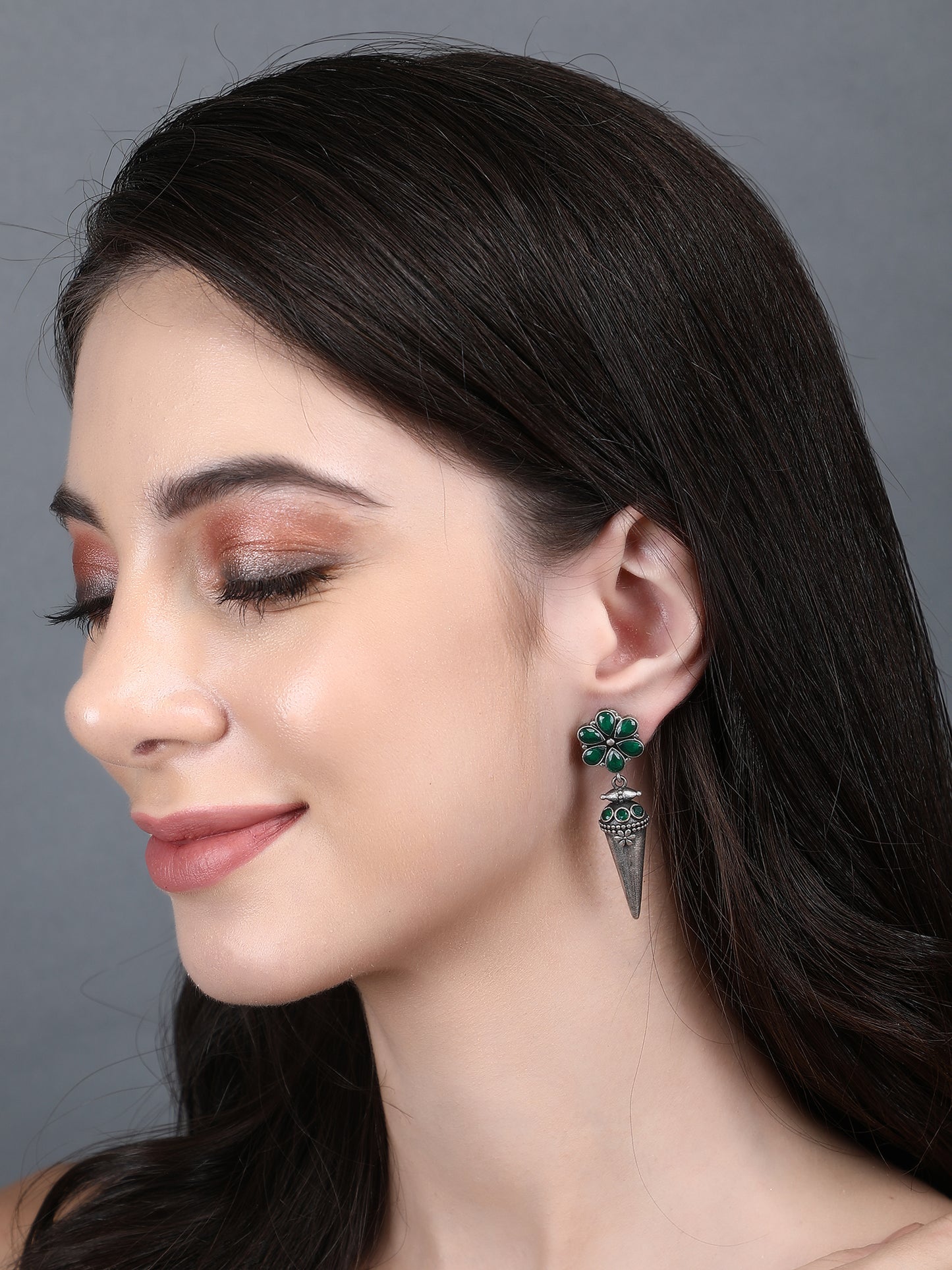 Antique Silver Cone Drop Earrings with Green Stones