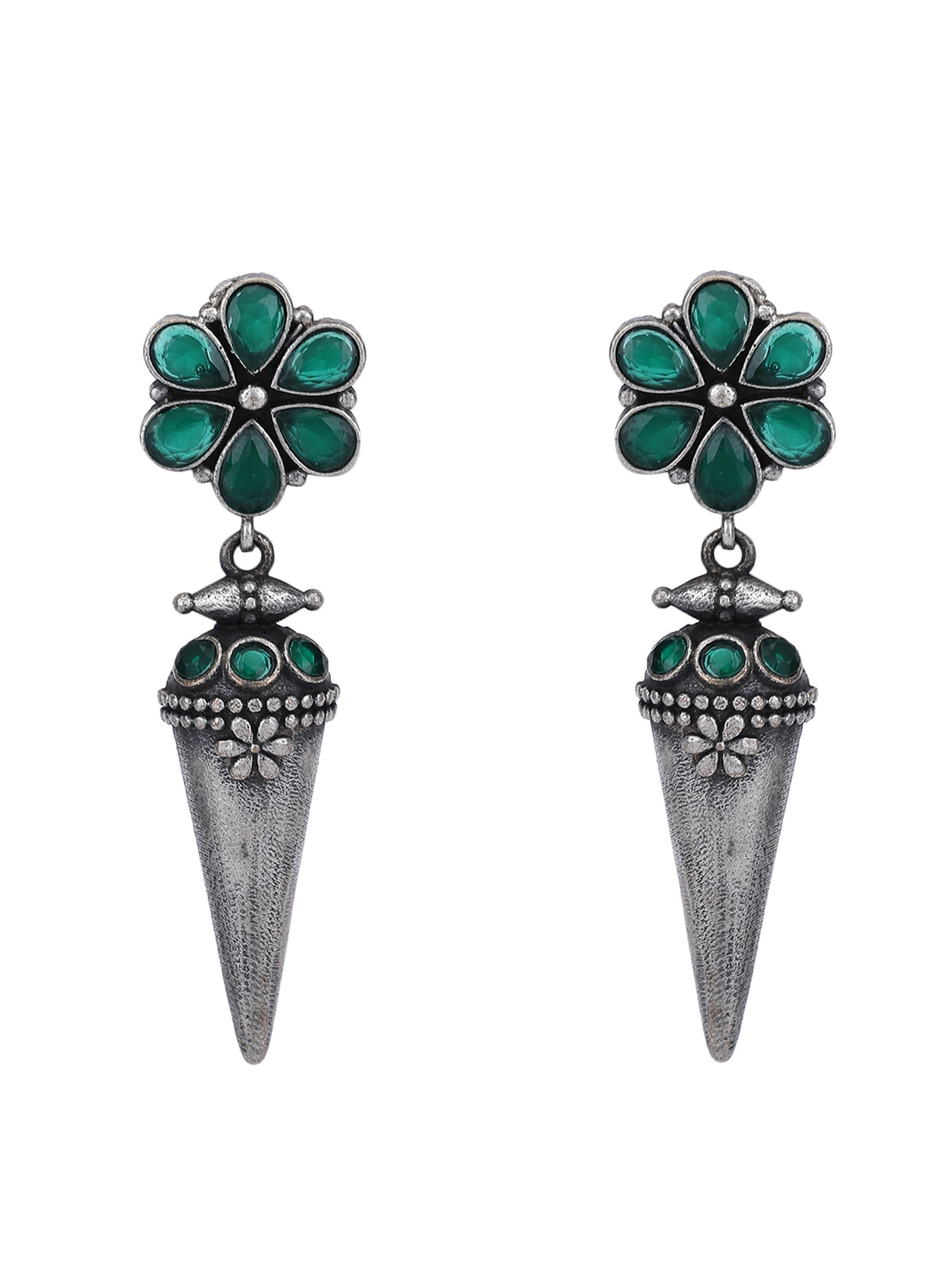 Antique Silver Cone Drop Earrings with Green Stones