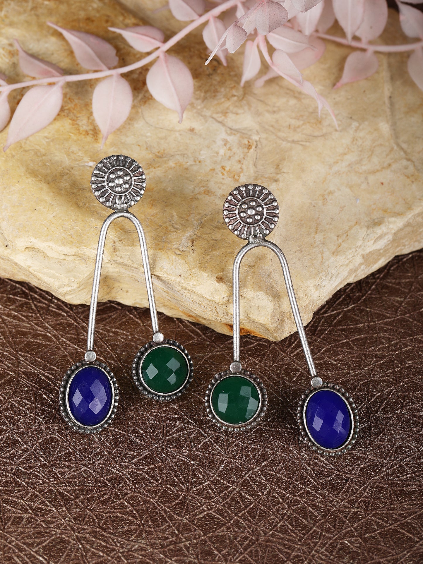 Dual-Tone Dangle Earrings with Green & Blue Stones