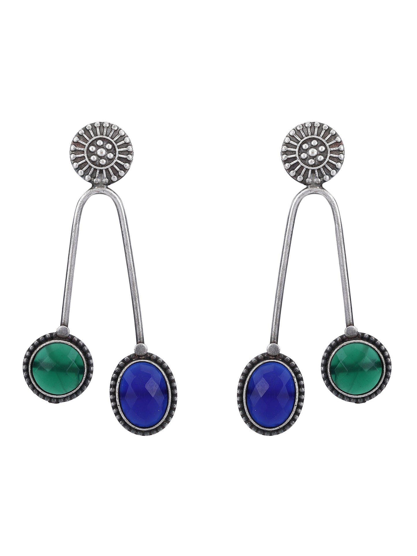 Dual-Tone Dangle Earrings with Green & Blue Stones