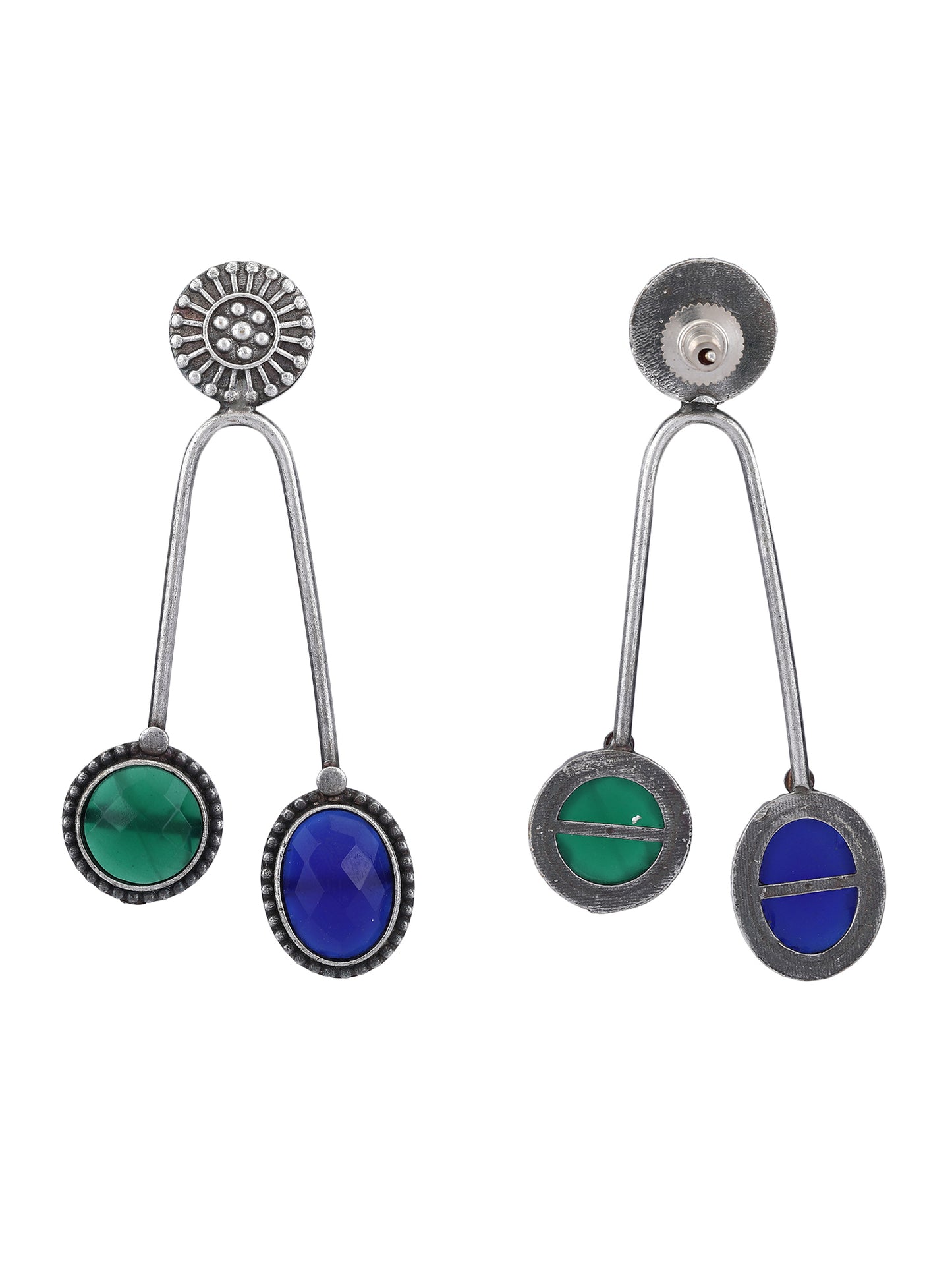 Dual-Tone Dangle Earrings with Green & Blue Stones