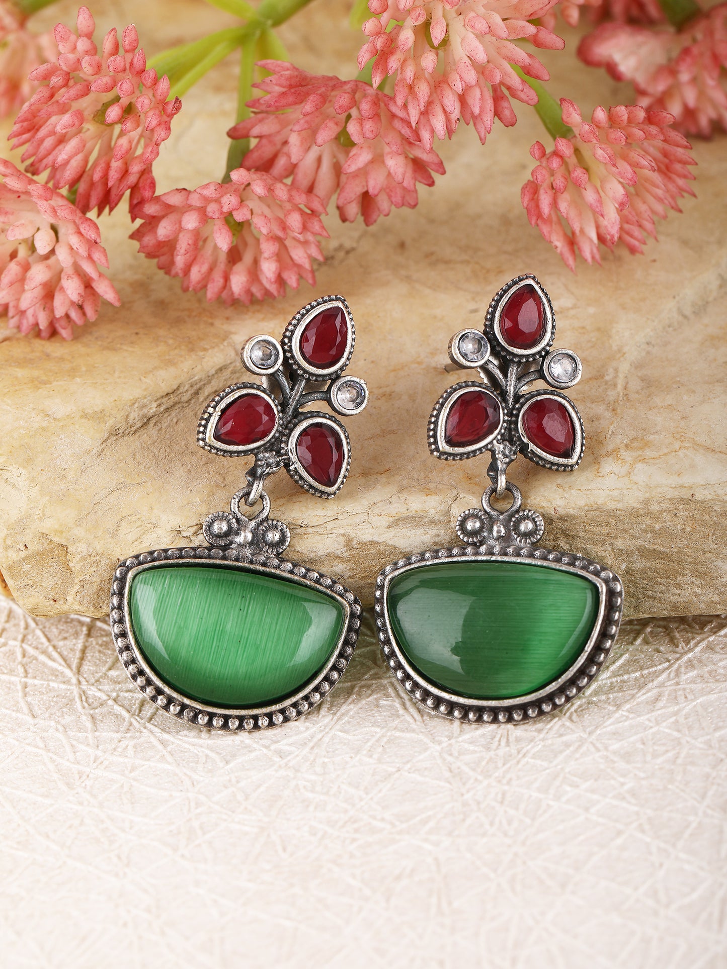 Vintage Charm Earrings with Green & Red Stones