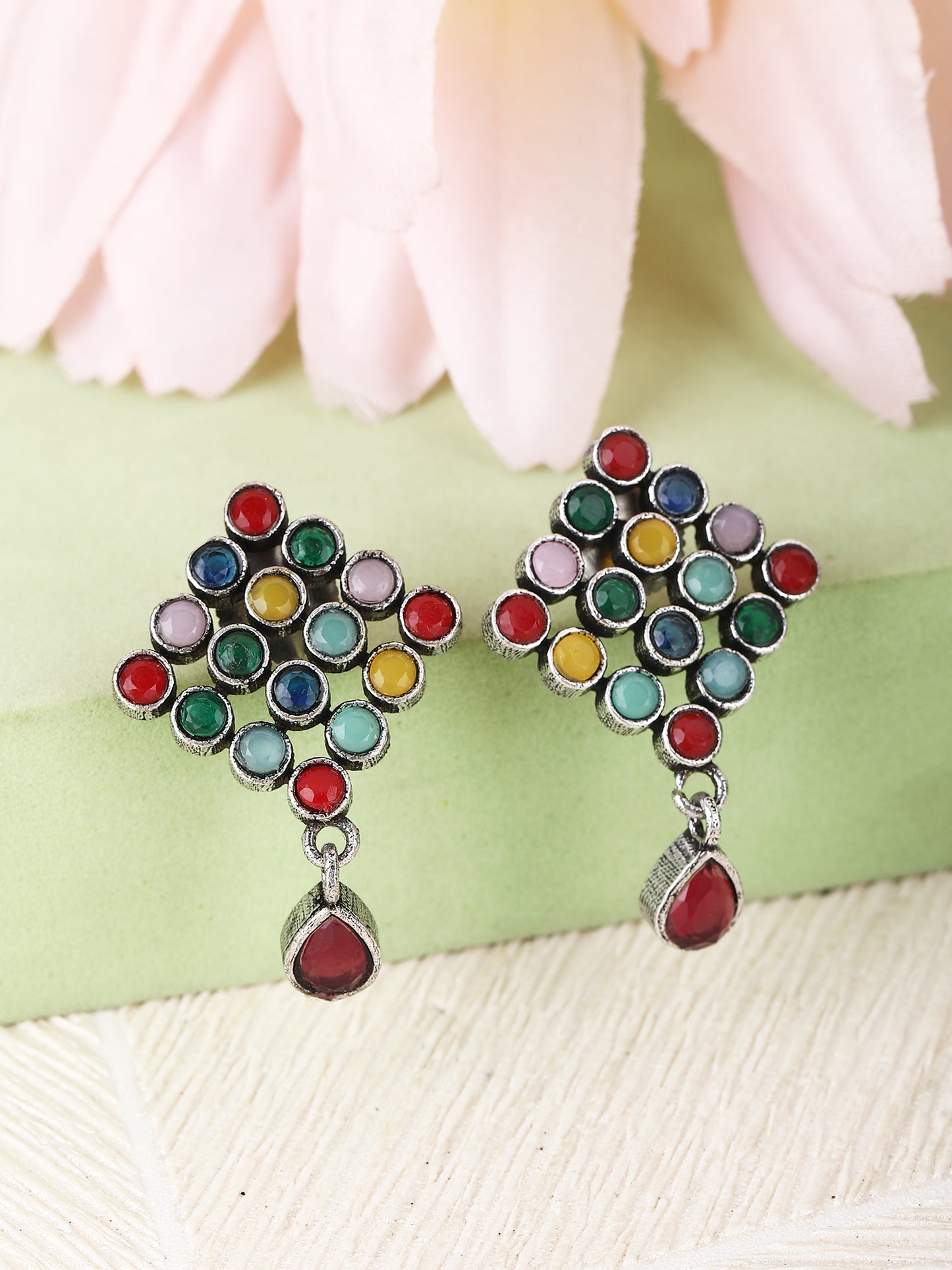 Oxidized Silver Multicolor Stud Earrings with Pink Drop