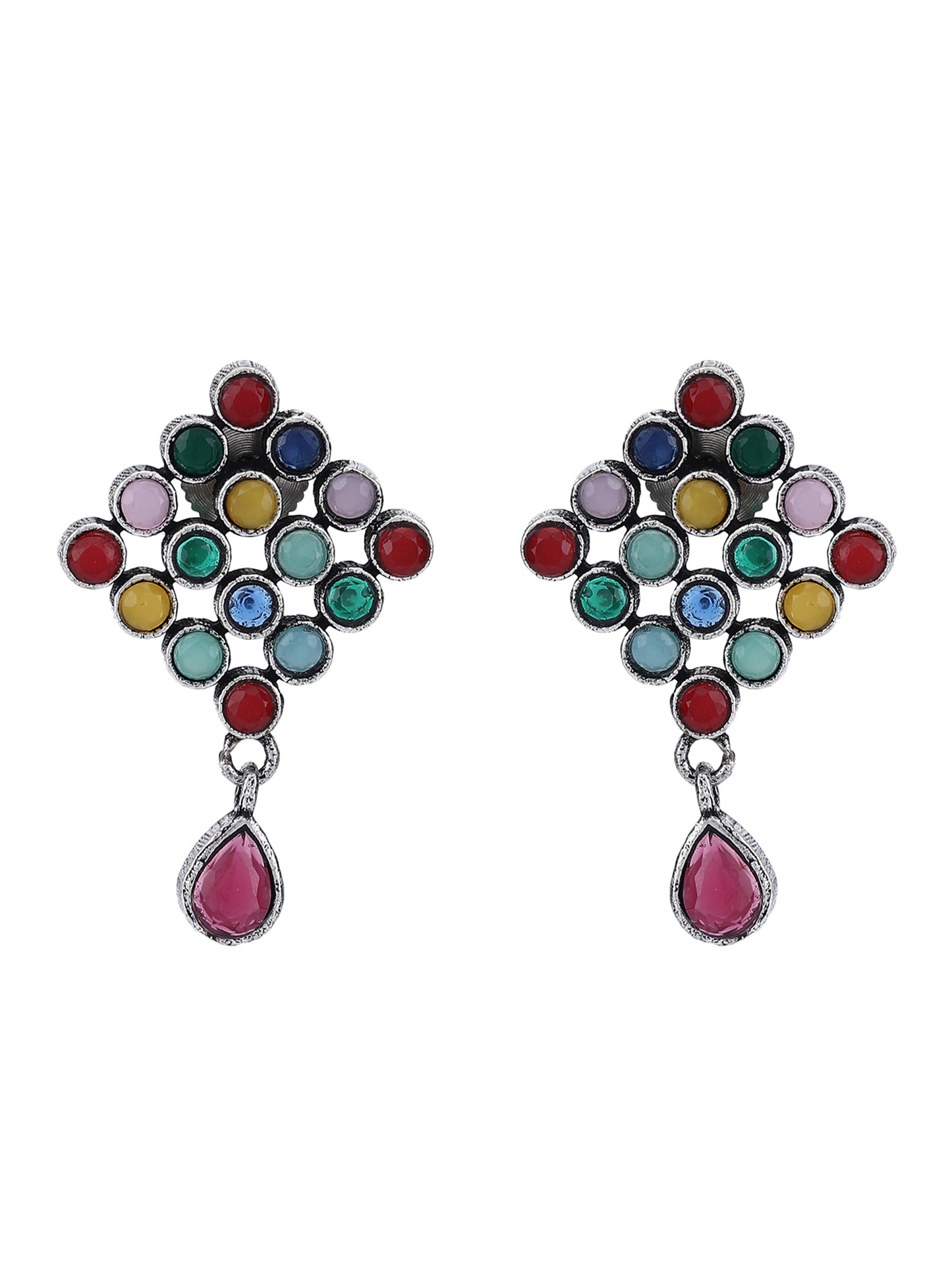 Oxidized Silver Multicolor Stud Earrings with Pink Drop