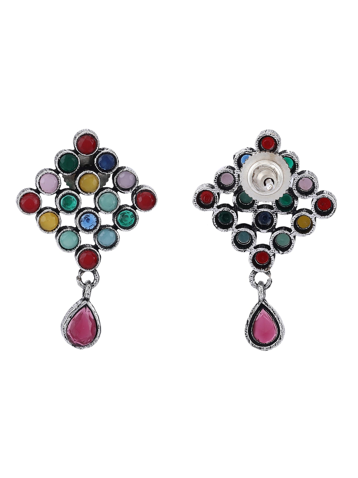 Oxidized Silver Multicolor Stud Earrings with Pink Drop