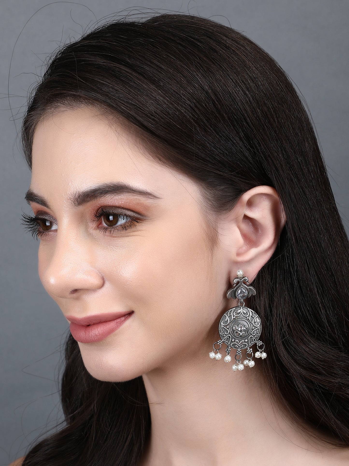 Antique Grey Jhumka Earrings with Pearl Drops