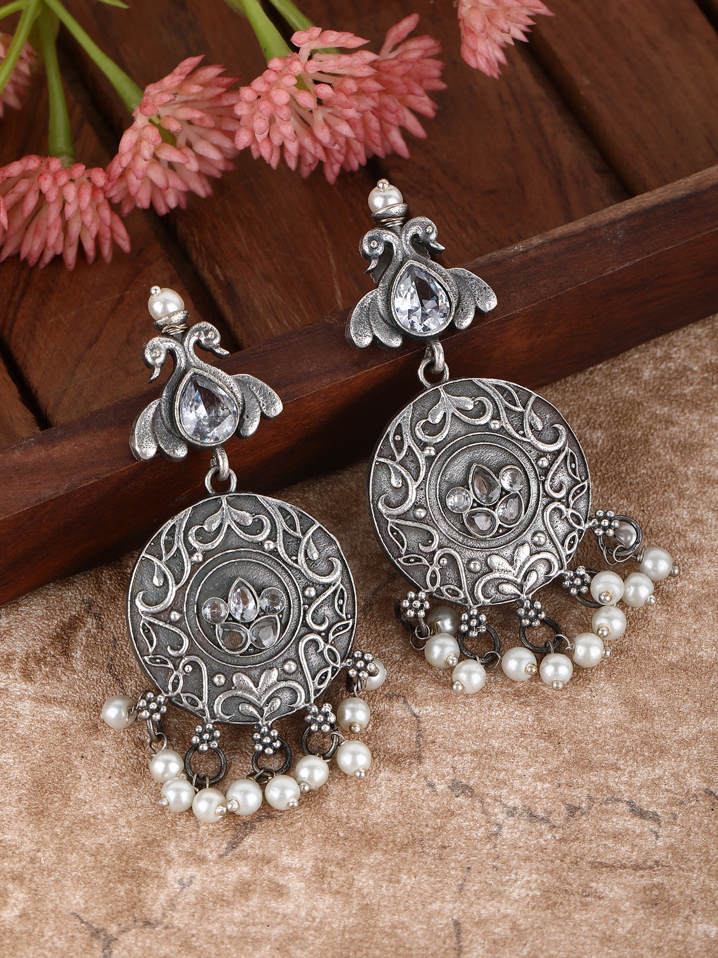 Antique Grey Jhumka Earrings with Pearl Drops