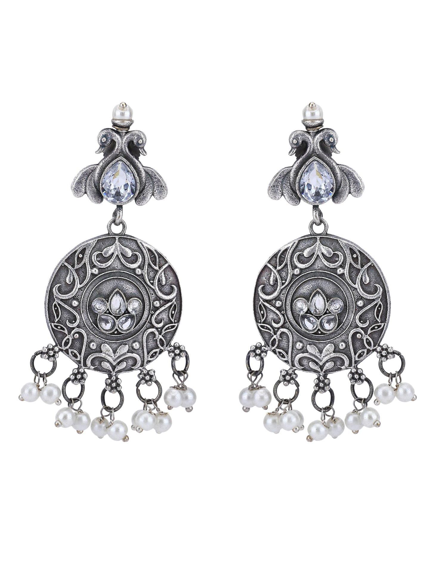 Antique Grey Jhumka Earrings with Pearl Drops