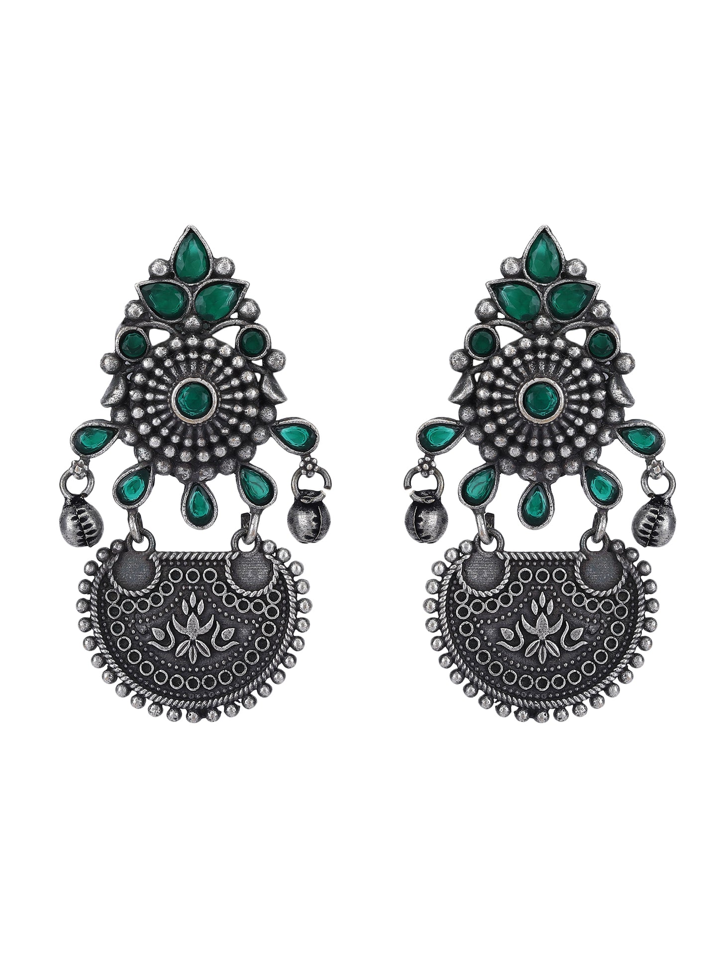 Elegant Oxidized Earrings with Green Stones