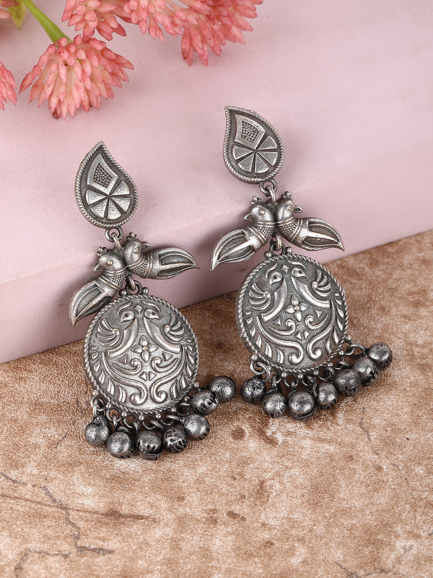Classic Oxidized Silver Earrings with Peacock Motif