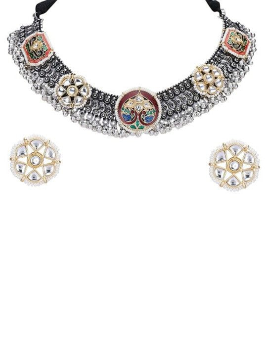 Kundan & Meenakari Oxidised Necklace Set with Stud Earrings