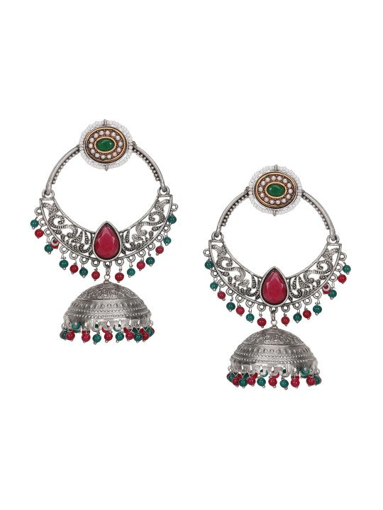 Oxidized Silver-Plated Jhumka Earrings with Red & Green Beads