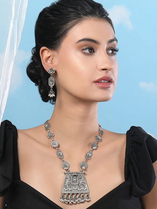 Oxidised Silver Necklace Set with Green Accents & Dangle Earrings