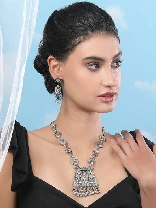 Oxidised Silver Necklace Set with Green Accents & Dangle Earrings